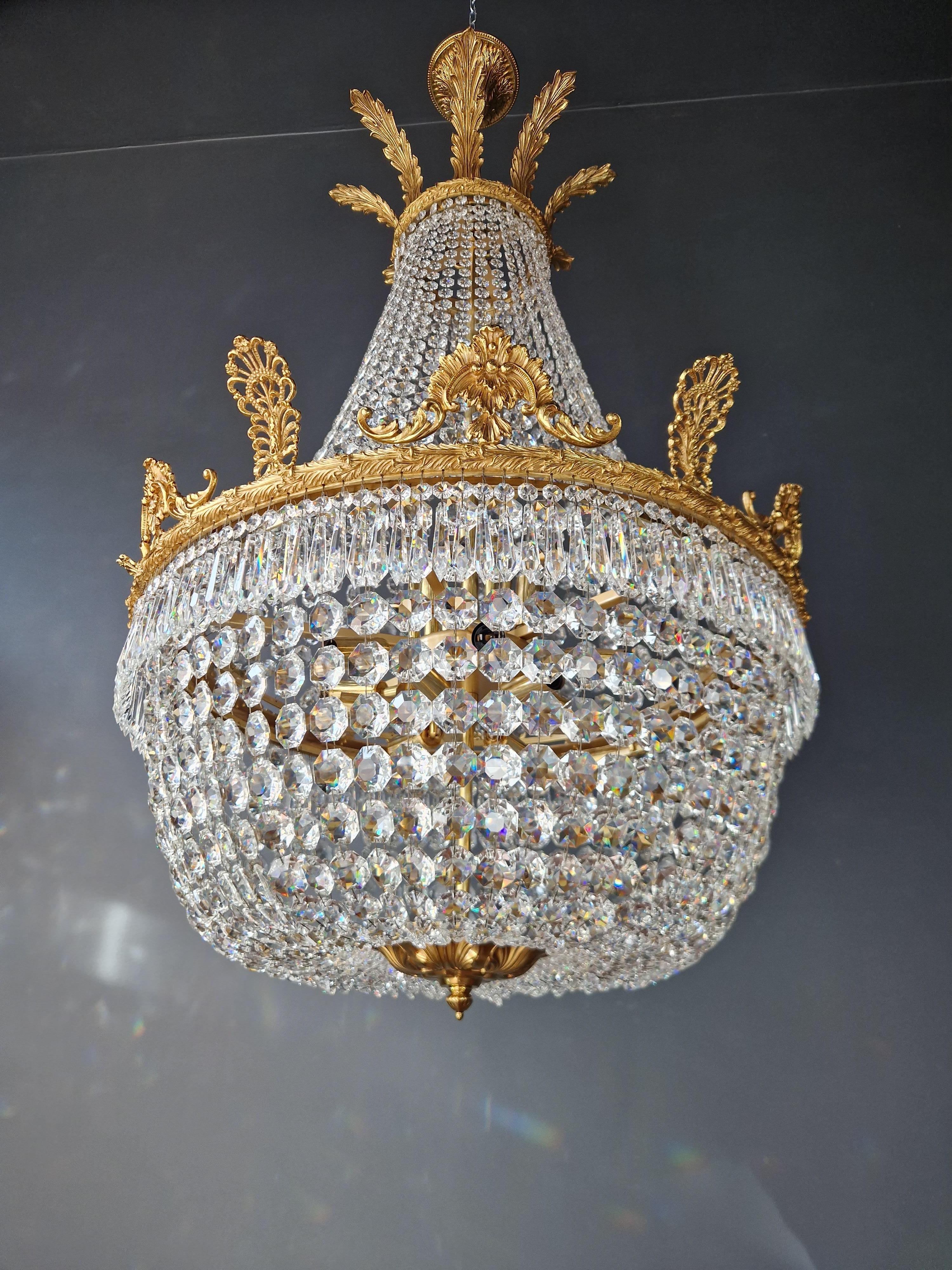 Brass Basket Empire Sac a Pearl Chandelier Crystal Lustre Lamp Antique Gold For Sale 2