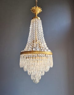 Brass Basket Empire Sac a Pearl Chandelier Crystal Lustre Lamp Antique Gold