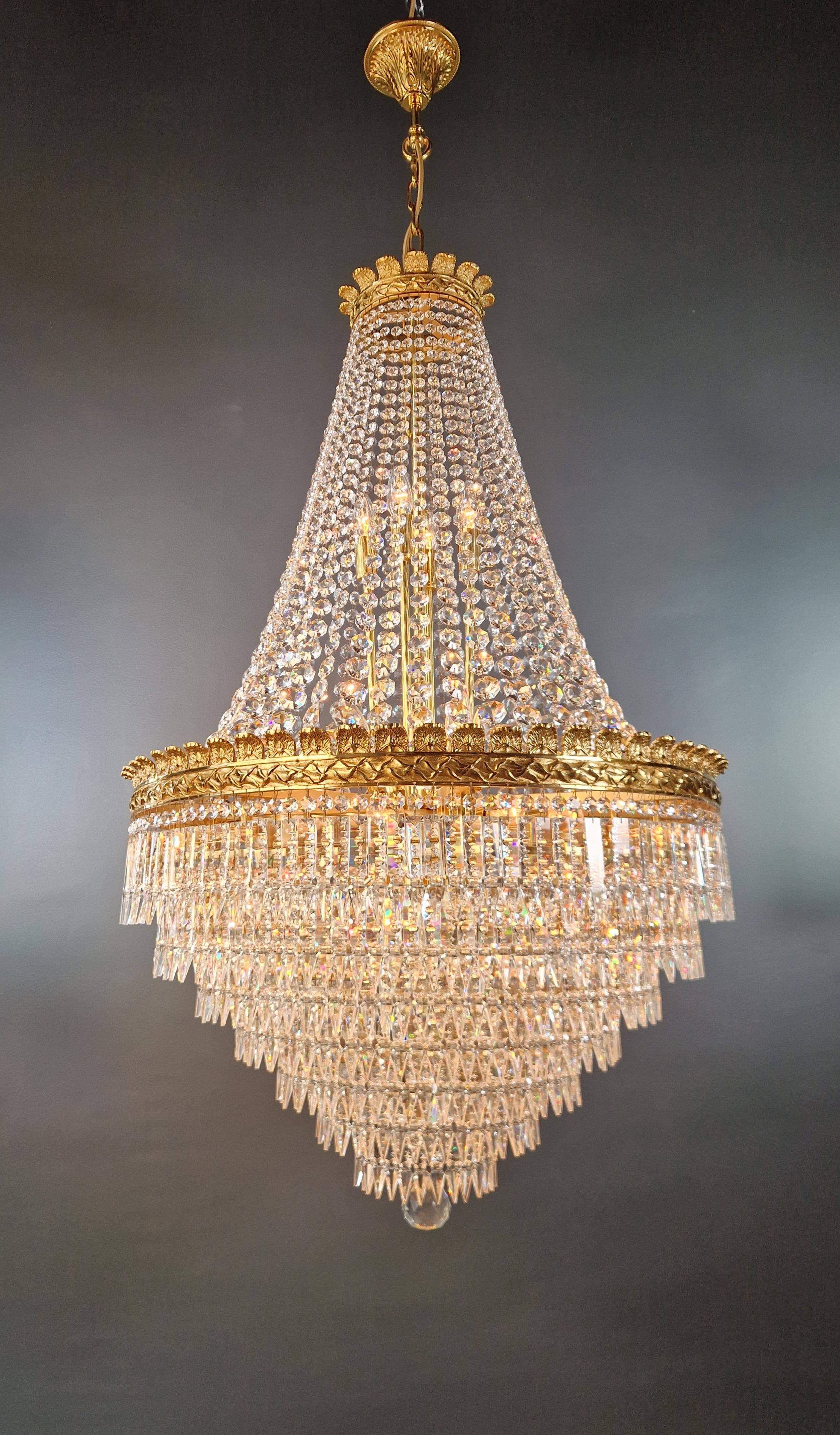 Hand-Knotted Brass Basket Empire Sac a Pearl Chandelier Crystal Lustre Lamp Antique Gold For Sale