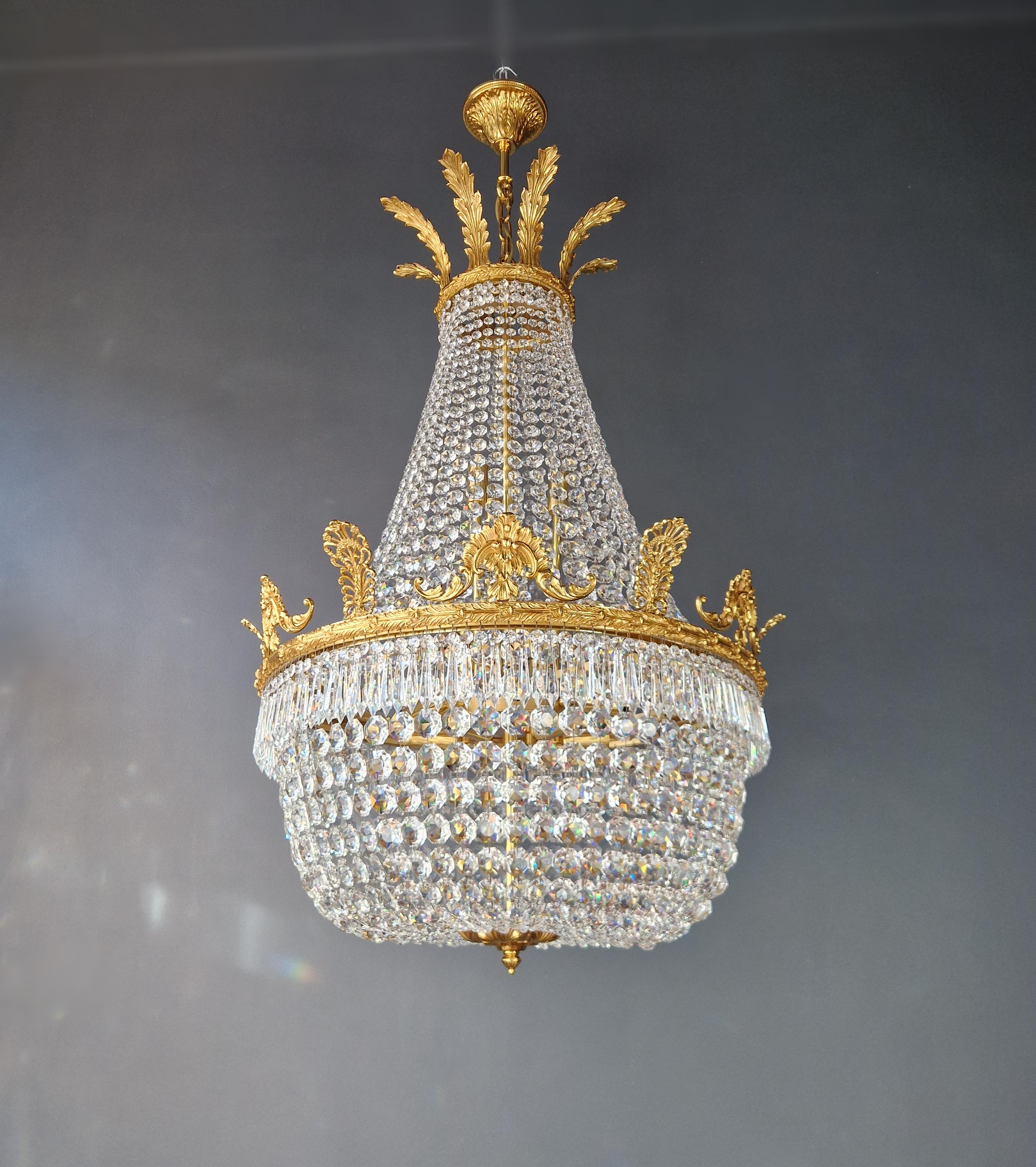 Hand-Knotted Brass Basket Empire Sac a Pearl Chandelier Crystal Lustre Lamp Antique Gold For Sale