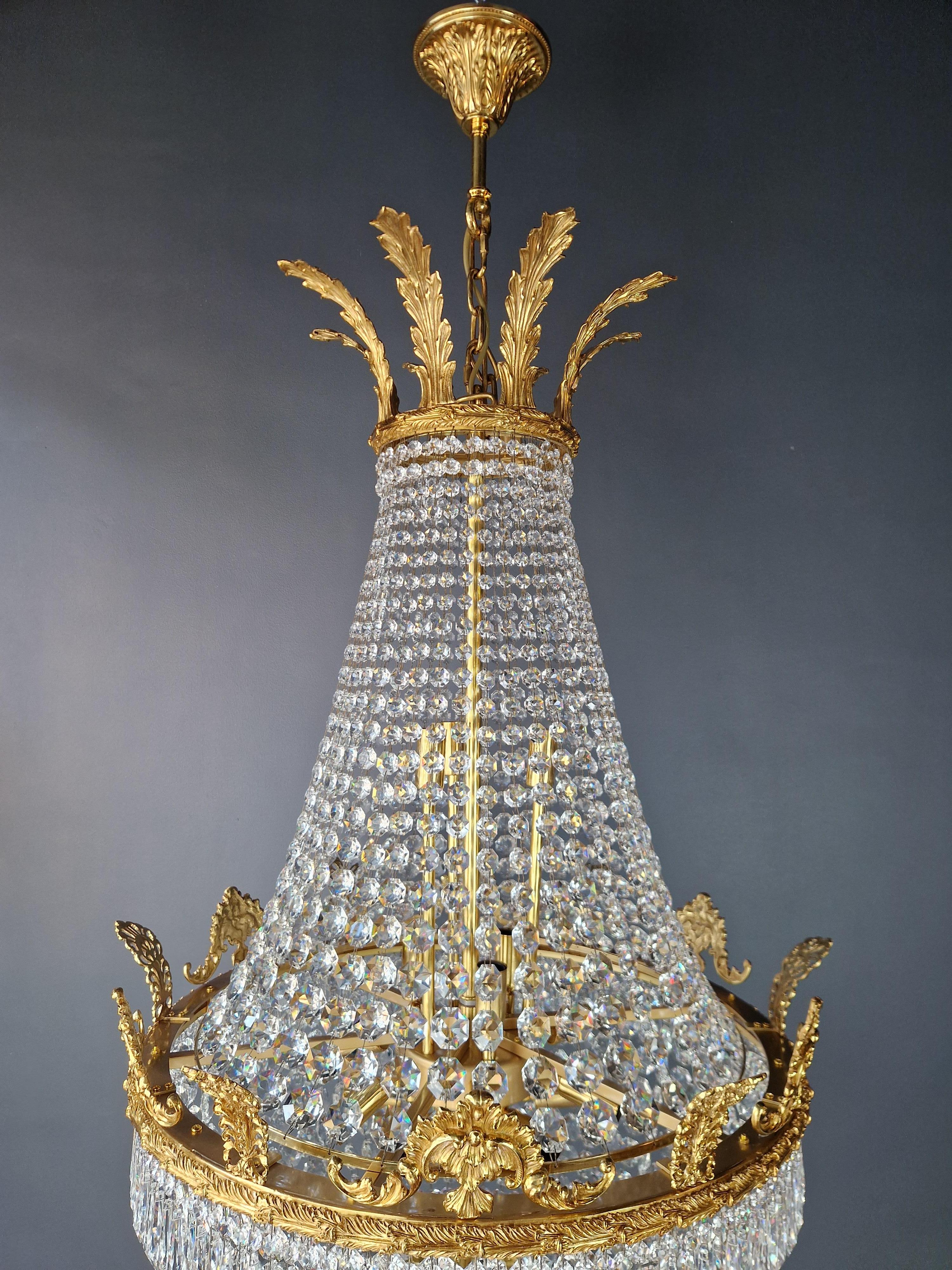 Brass Basket Empire Sac a Pearl Chandelier Crystal Lustre Lamp Antique Gold For Sale 6