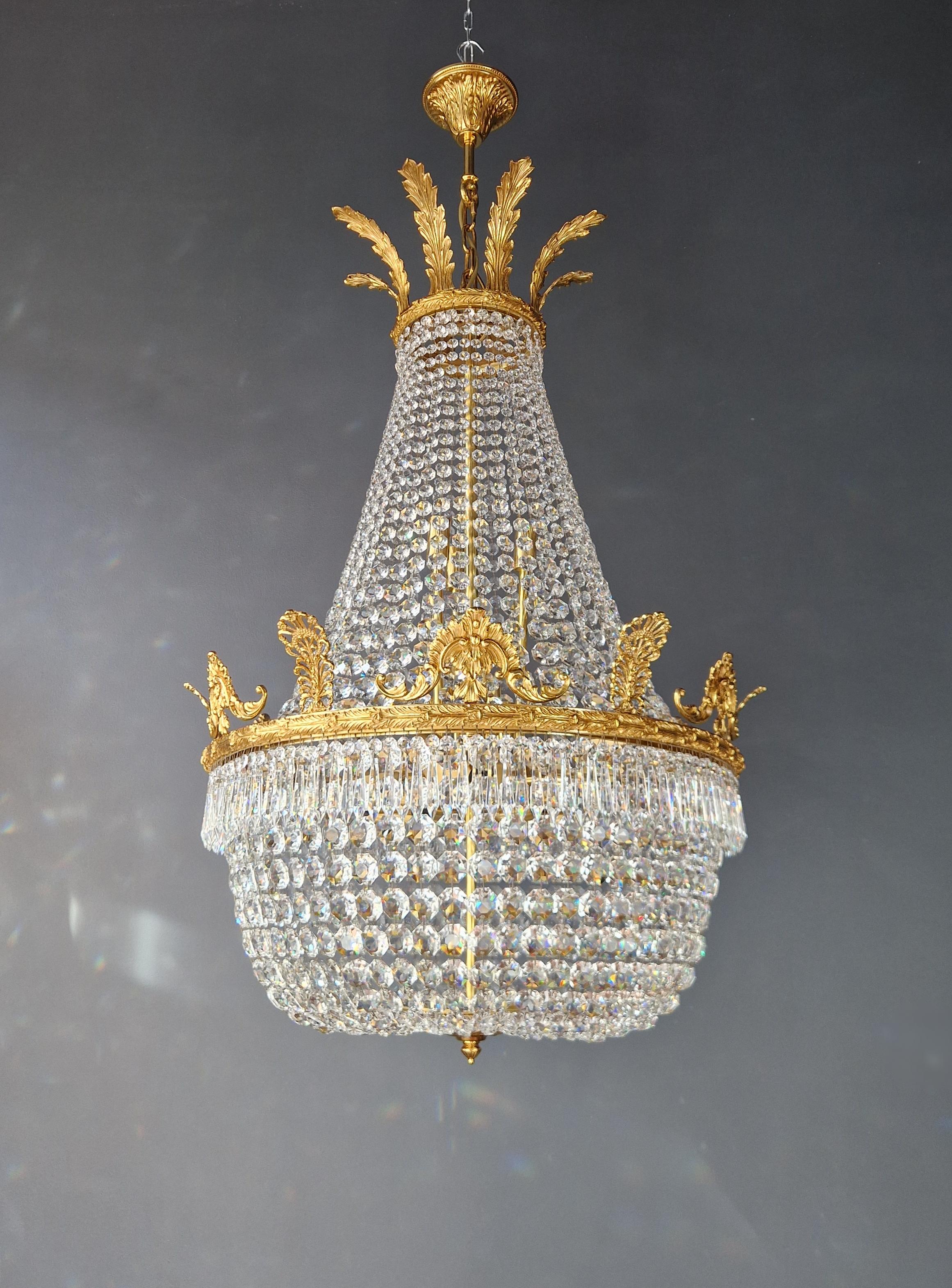 European Brass Basket Empire Sac a Pearl Chandelier Crystal Lustre Lamp Antique Gold For Sale