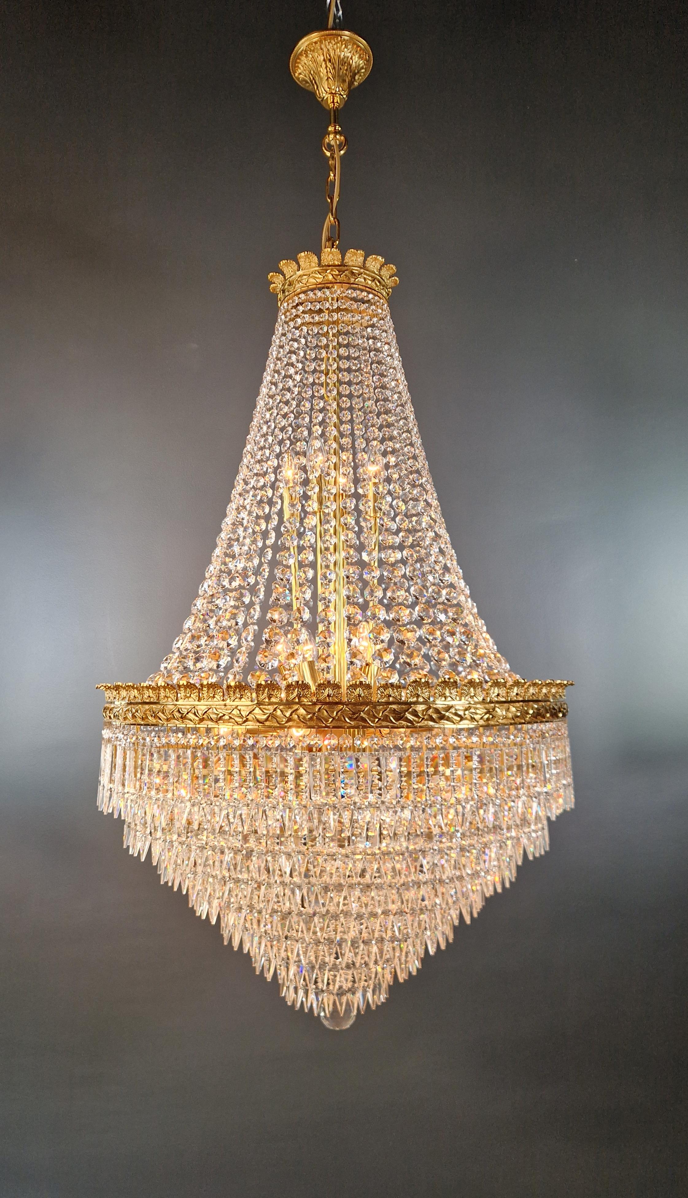 European Brass Basket Empire Sac a Pearl Chandelier Crystal Lustre Lamp Antique Gold For Sale