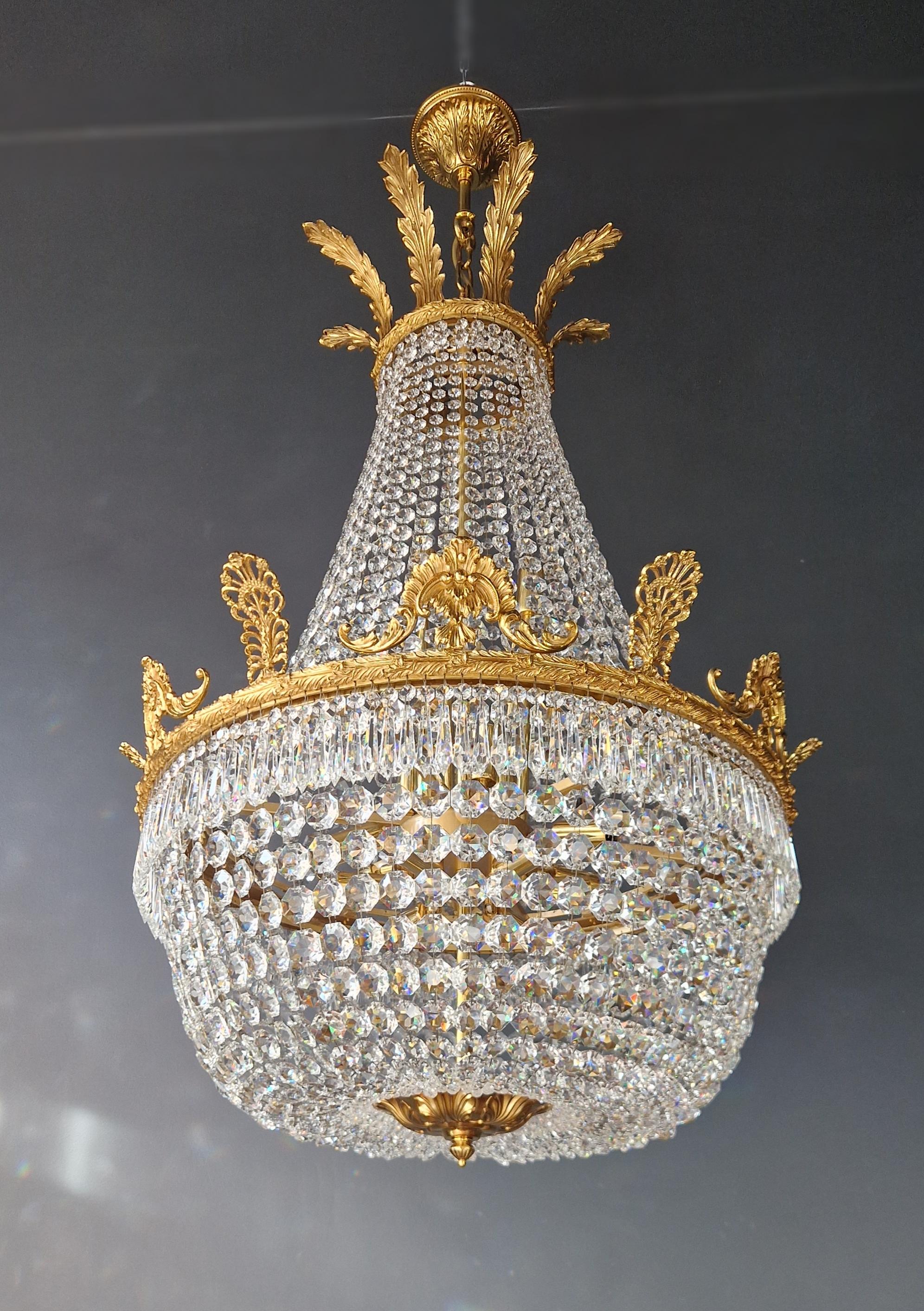 Contemporary Brass Basket Empire Sac a Pearl Chandelier Crystal Lustre Lamp Antique Gold For Sale