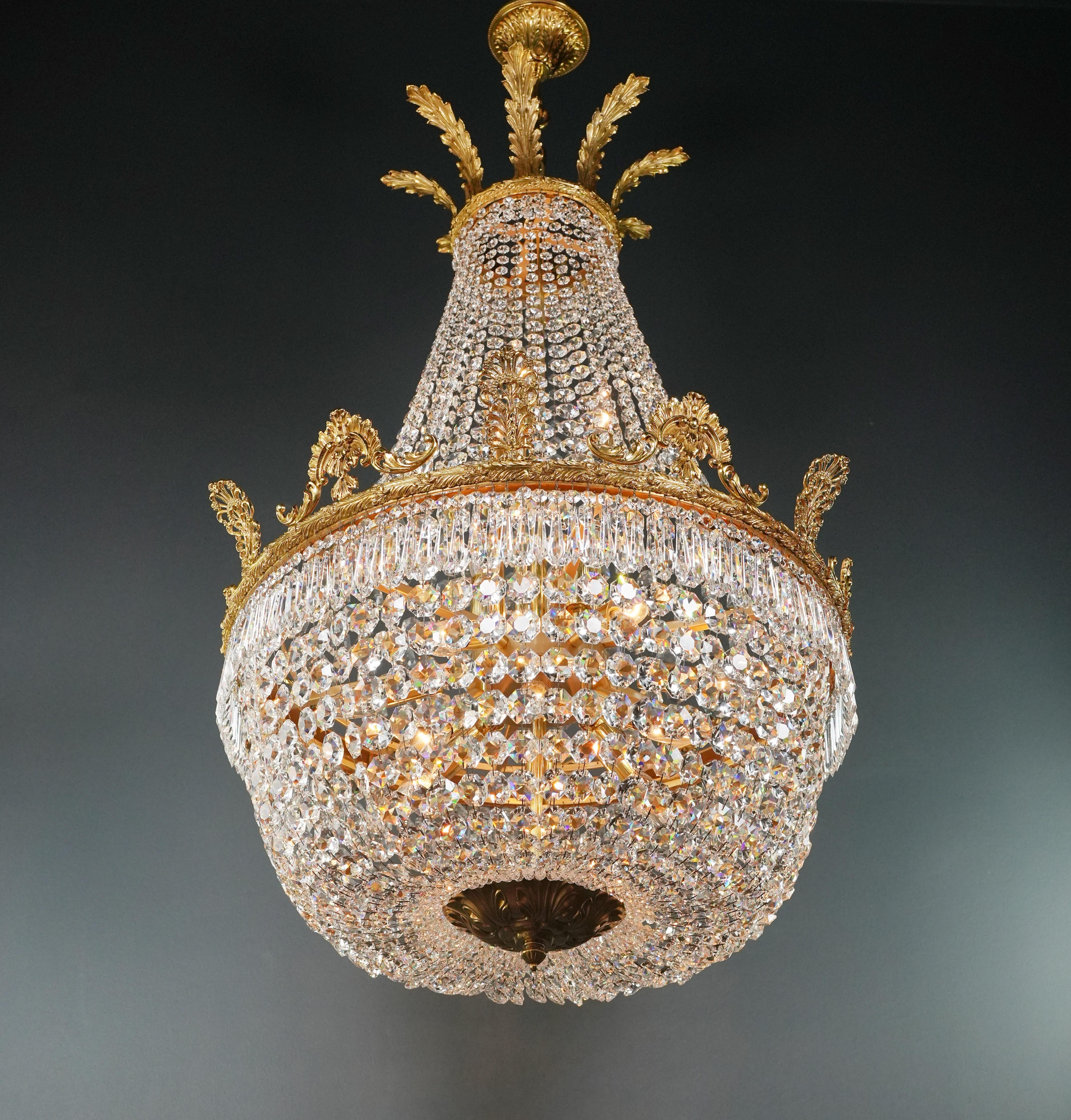 Brass Basket Empire Sac a Pearl Chandelier Crystal Lustre Lamp Antique Gold For Sale 1