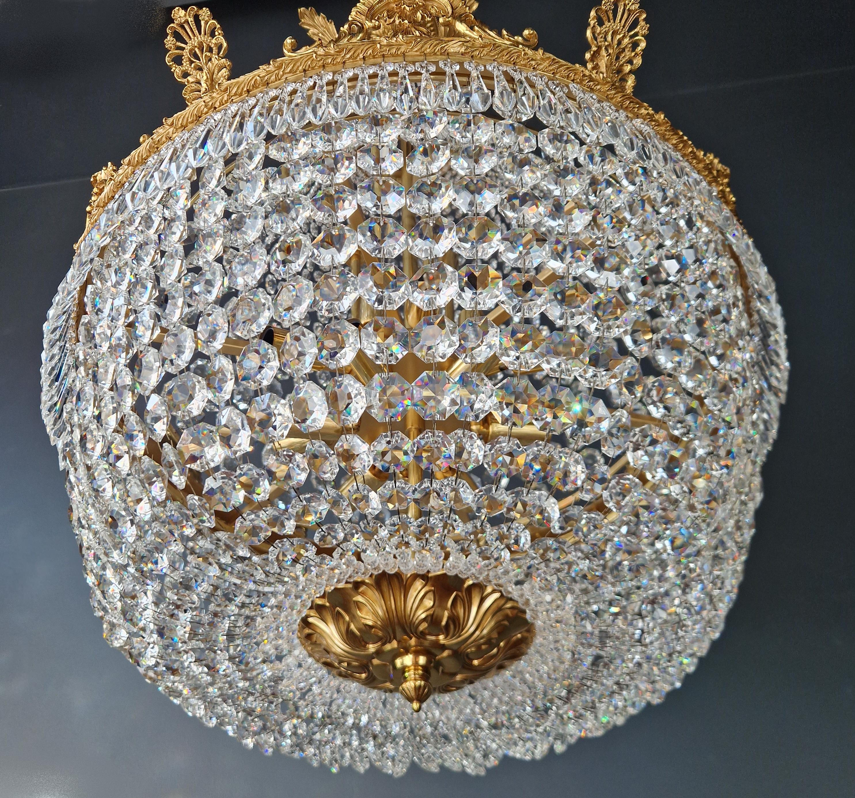 Brass Basket Empire Sac a Pearl Chandelier Crystal Lustre Lamp Antique Gold For Sale 3