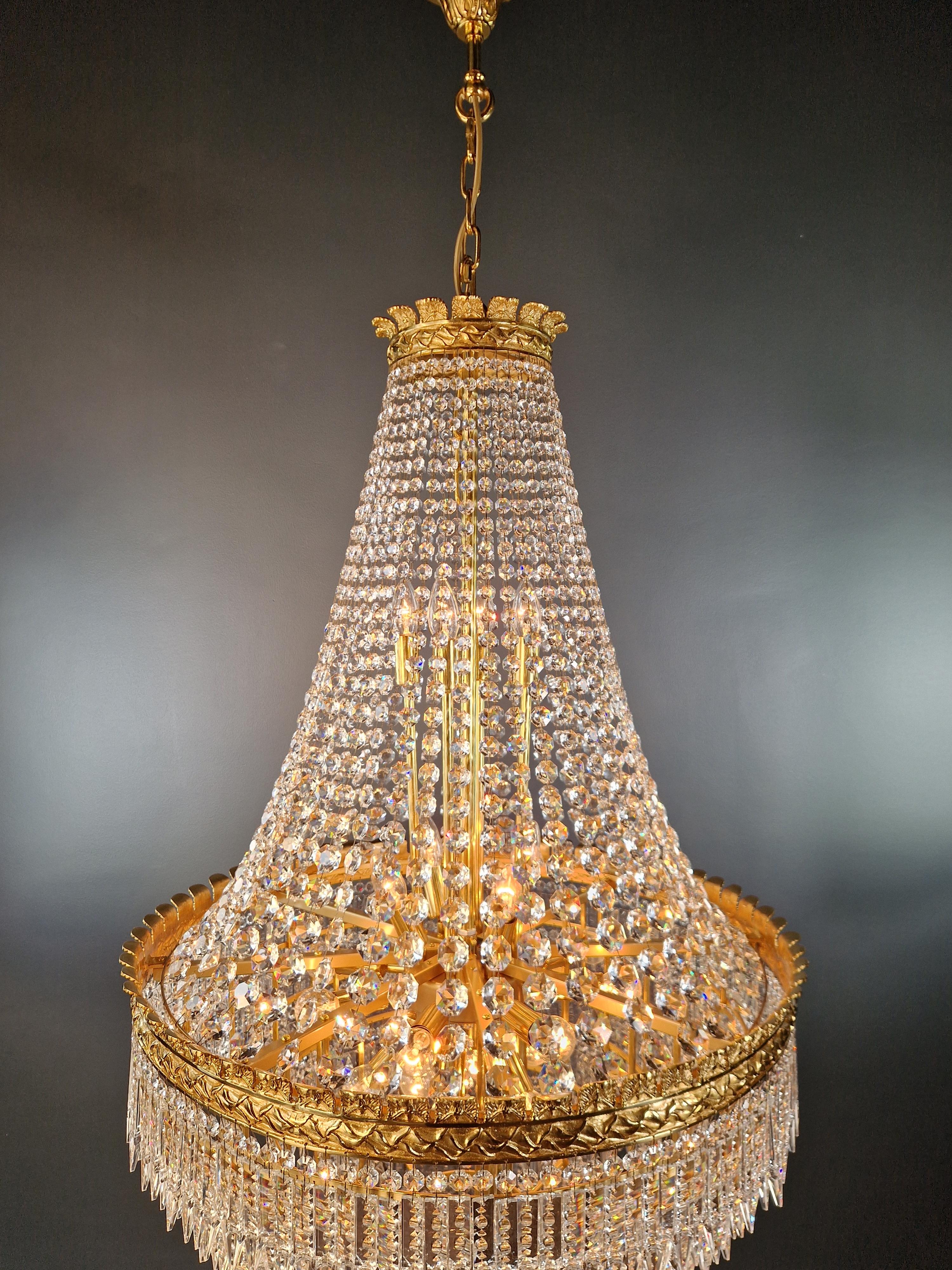 Lampe panier en laiton Empire Sac a Pearl Chandelier Crystal Lustre en or ancien en vente 2