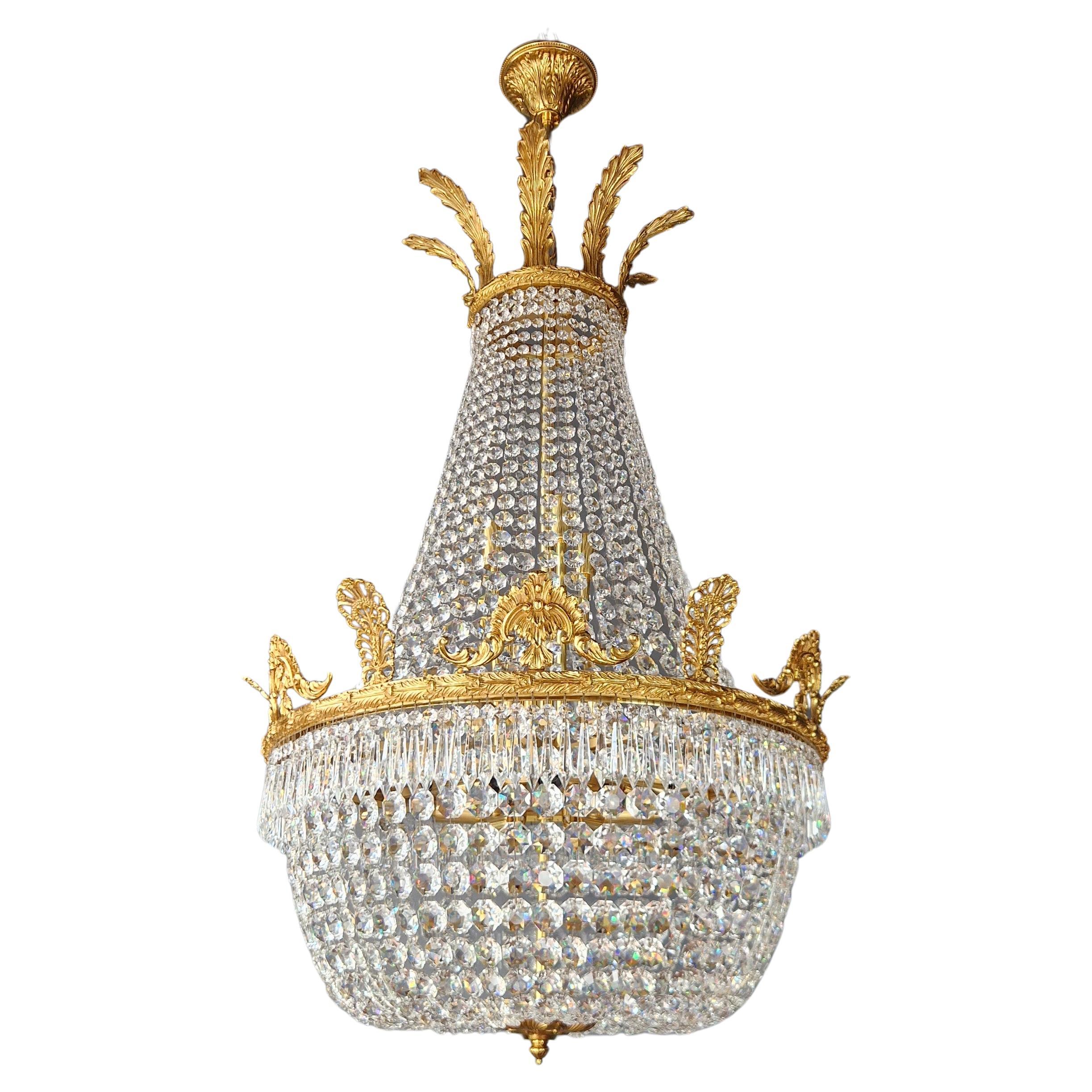 Brass Basket Empire Sac a Pearl Chandelier Crystal Lustre Lamp Antique Gold For Sale