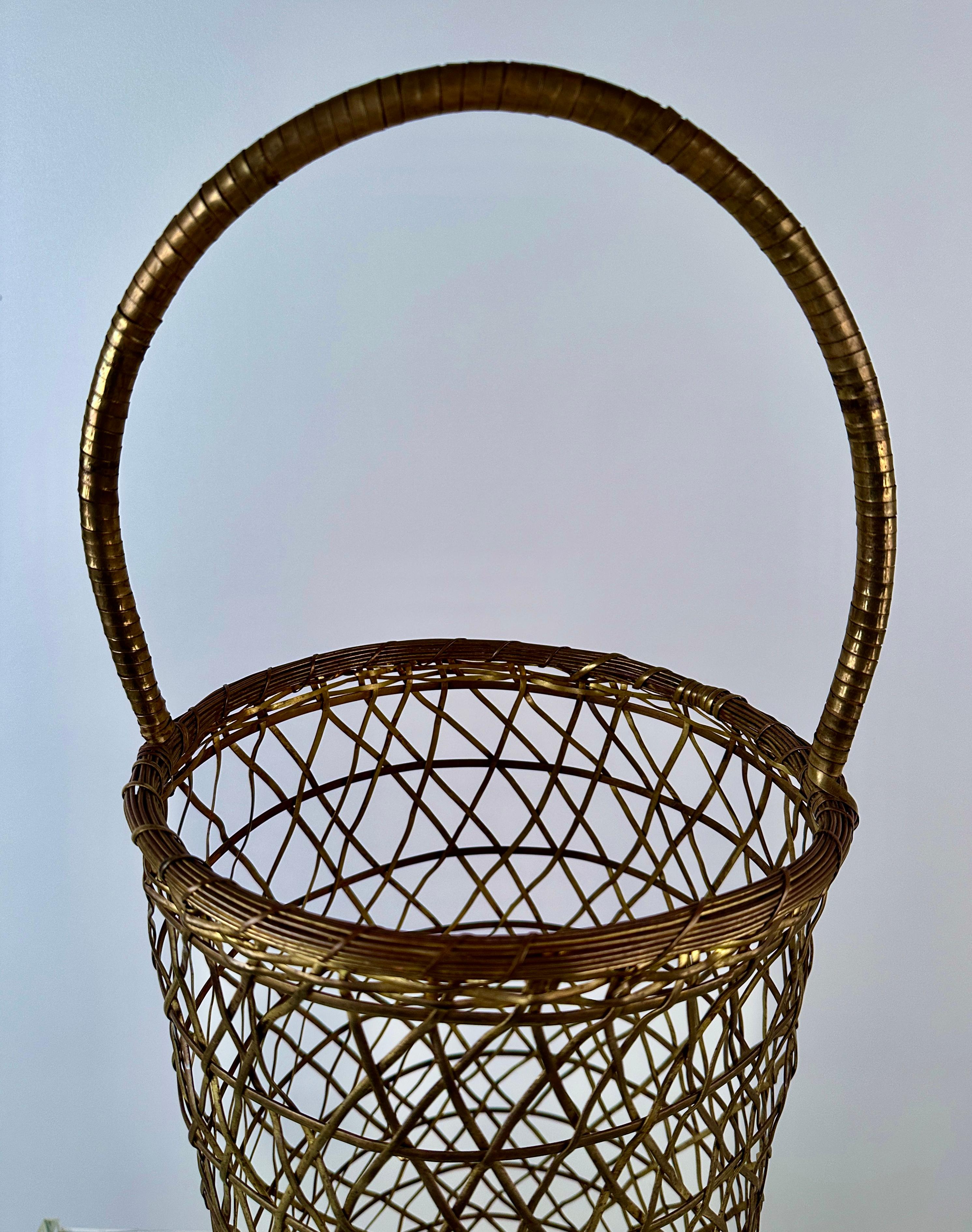 Mid-Century Modern Brass Basket Weave Umbrella Stand For Sale