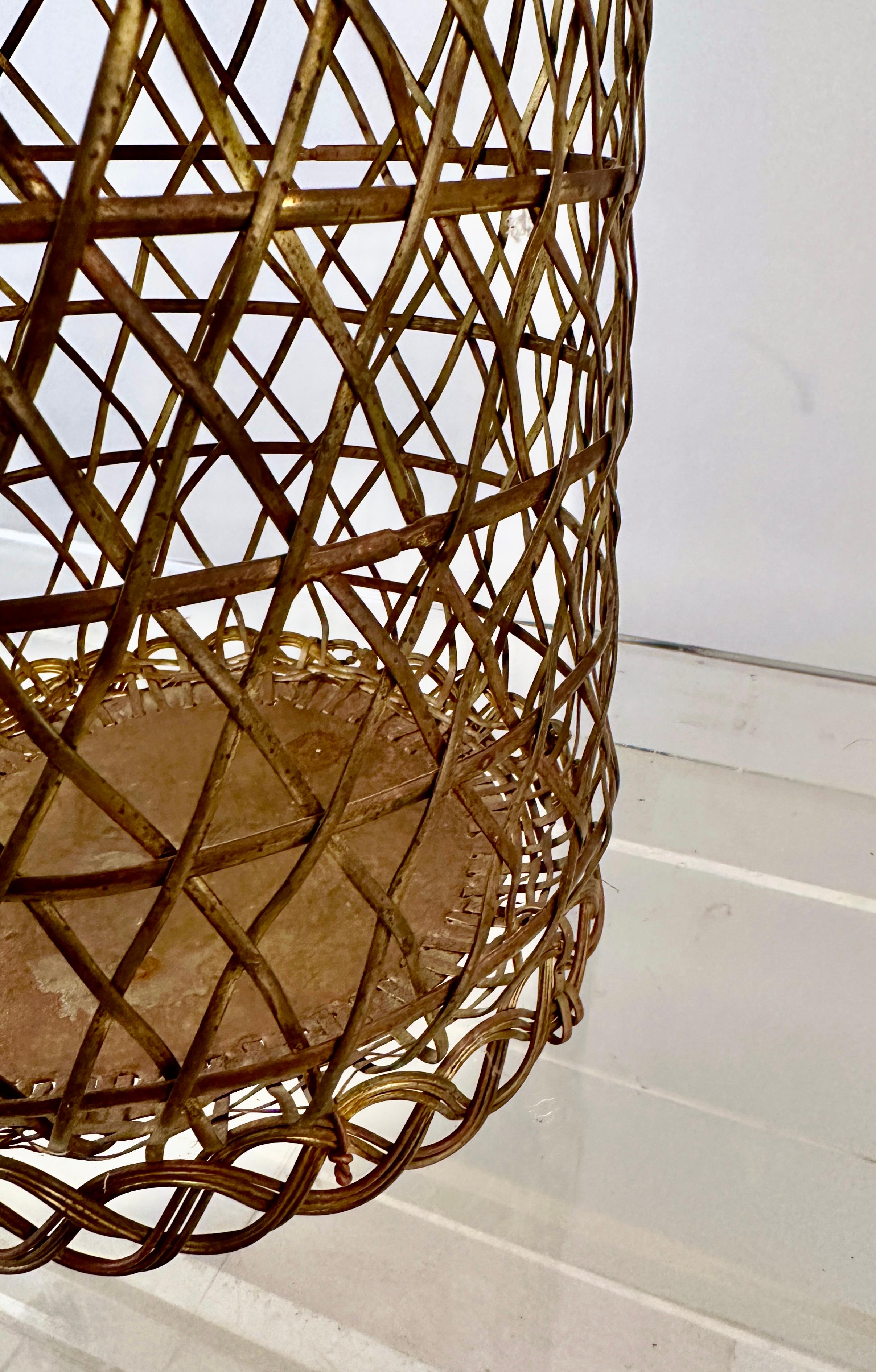 Hand-Woven Brass Basket Weave Umbrella Stand For Sale