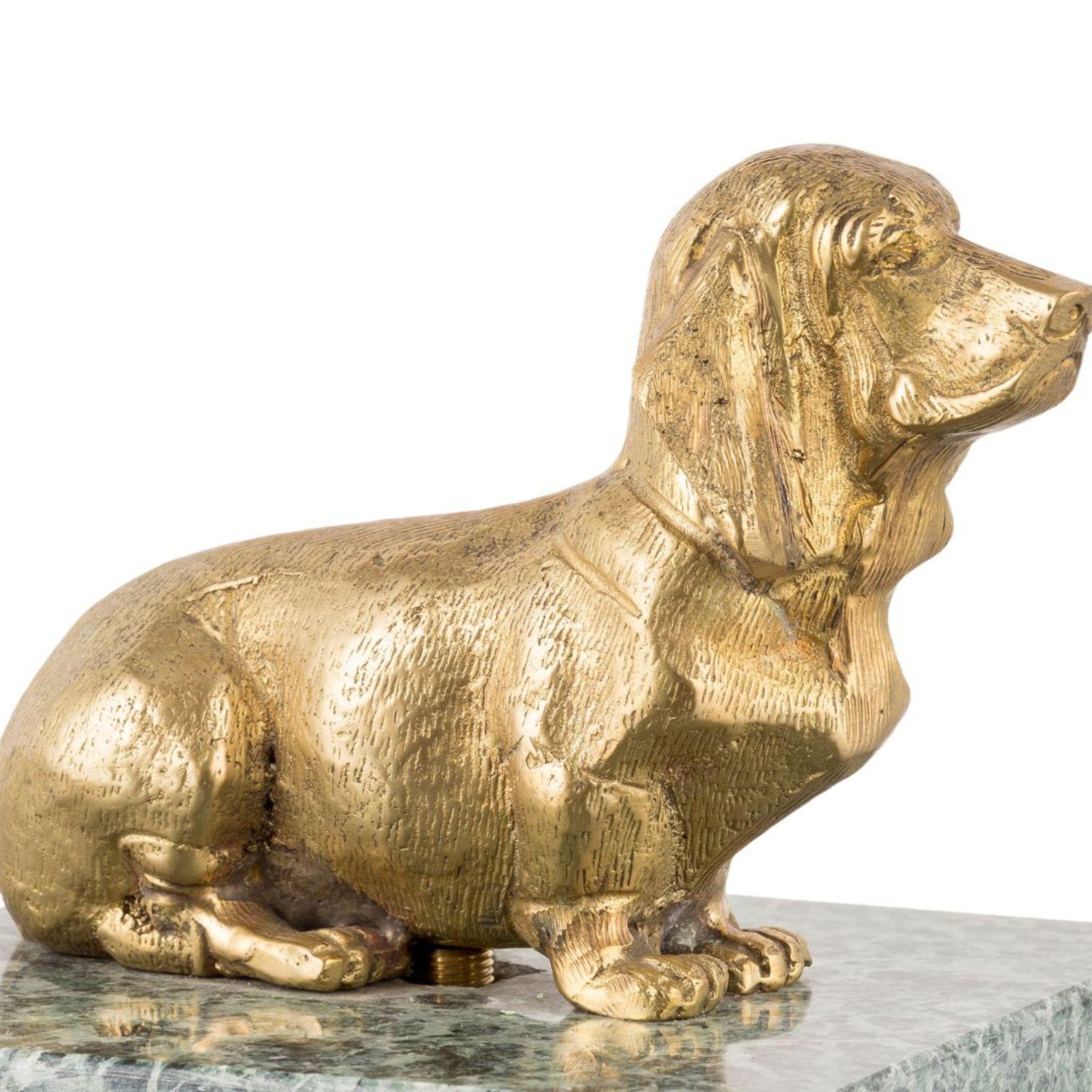 Contemporary Nana brass basset with green marble base paperweight  For Sale