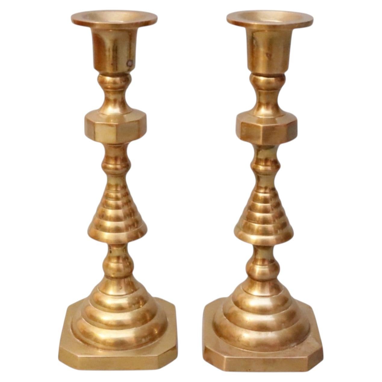 Brass Beehive Candlestick Holders, a Pair