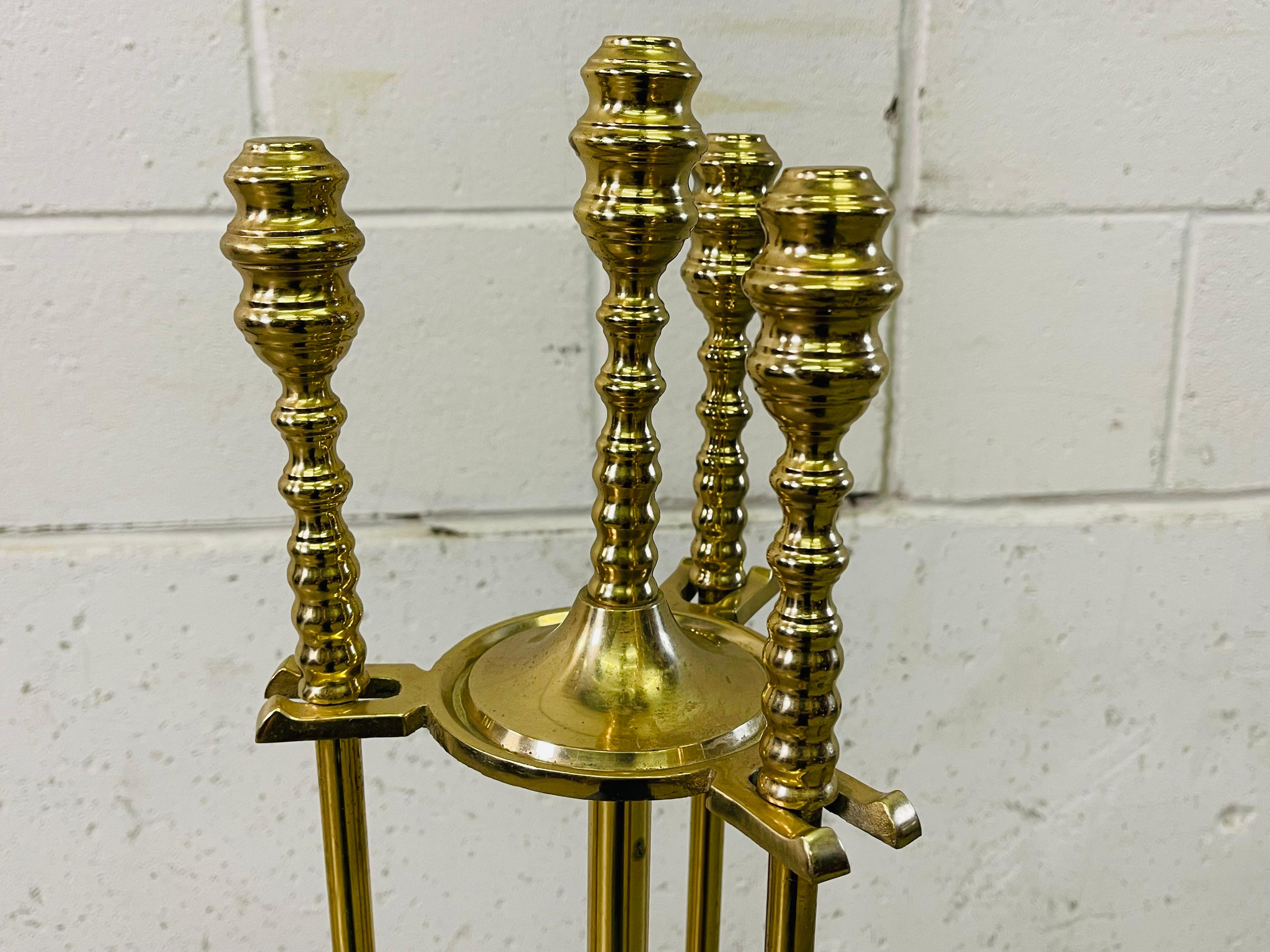 Mid-Century Modern Brass Beehive Style Fireplace Tools, Set of 4