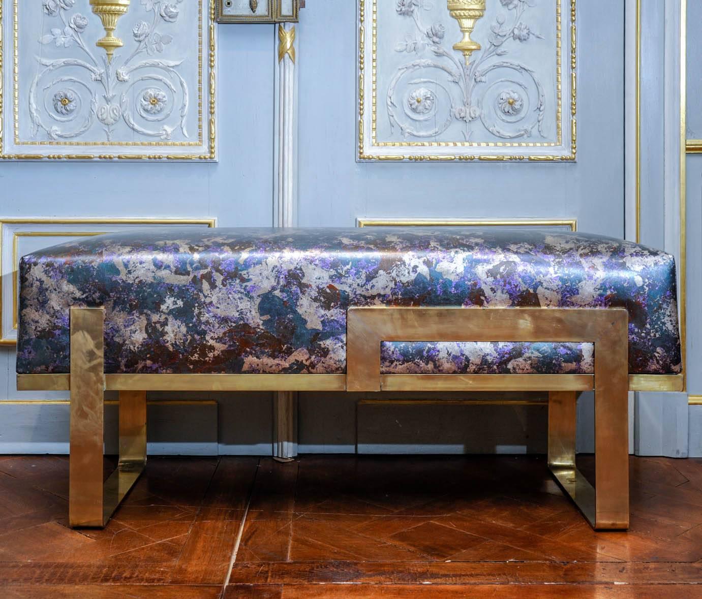 Brass bench, unique hand-painted leather cover from Japan, Studio Glustin creation.