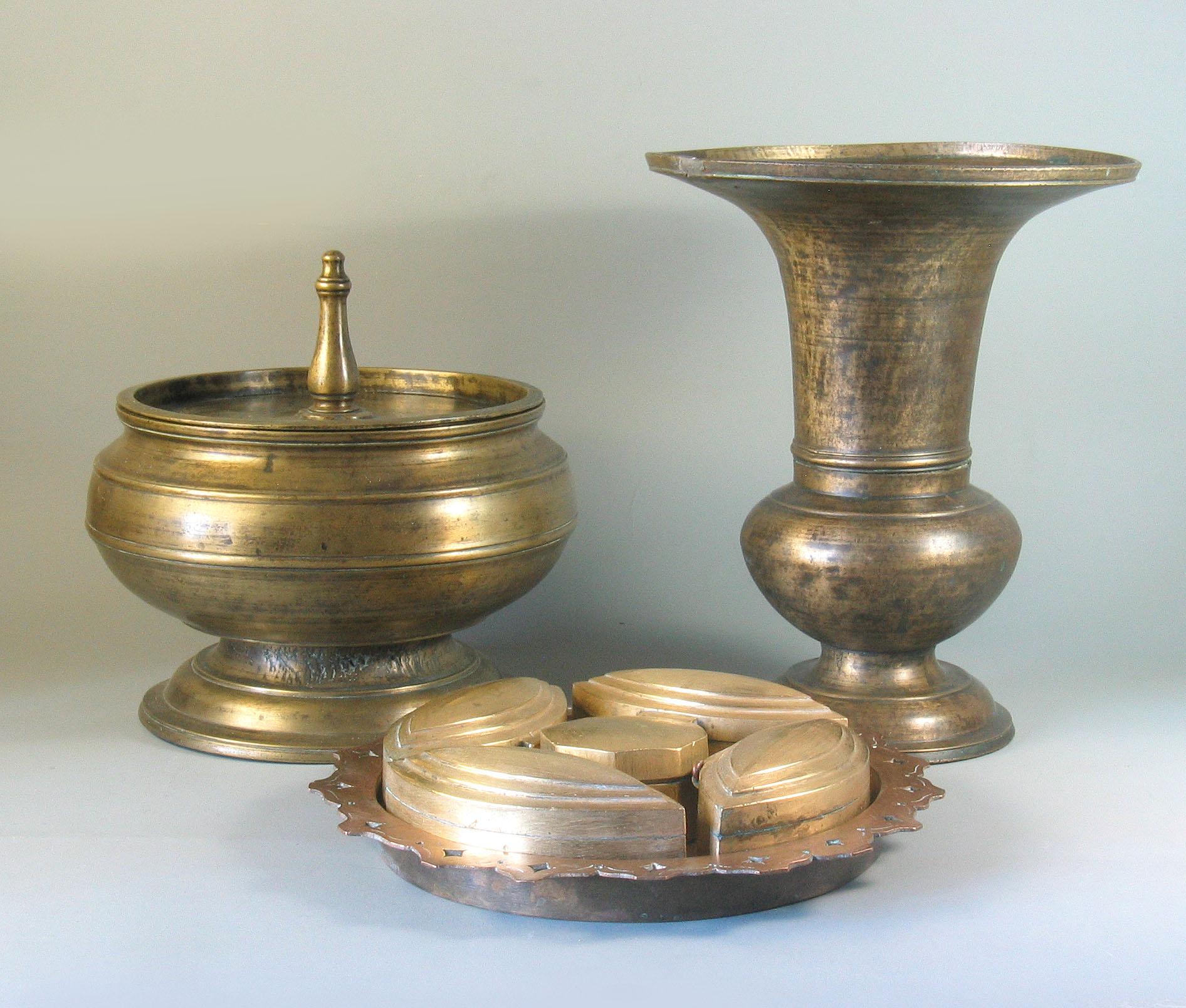 Brass Betel Nut Box & Cover together with Spitton and Brass Betel Nut Set 5