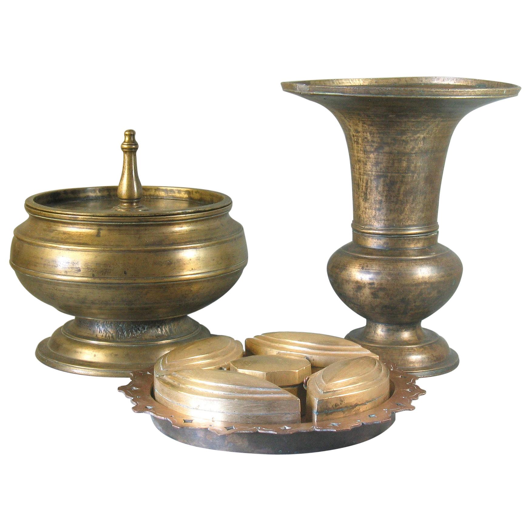 Brass Betel Nut Box & Cover together with Spitton and Brass Betel Nut Set