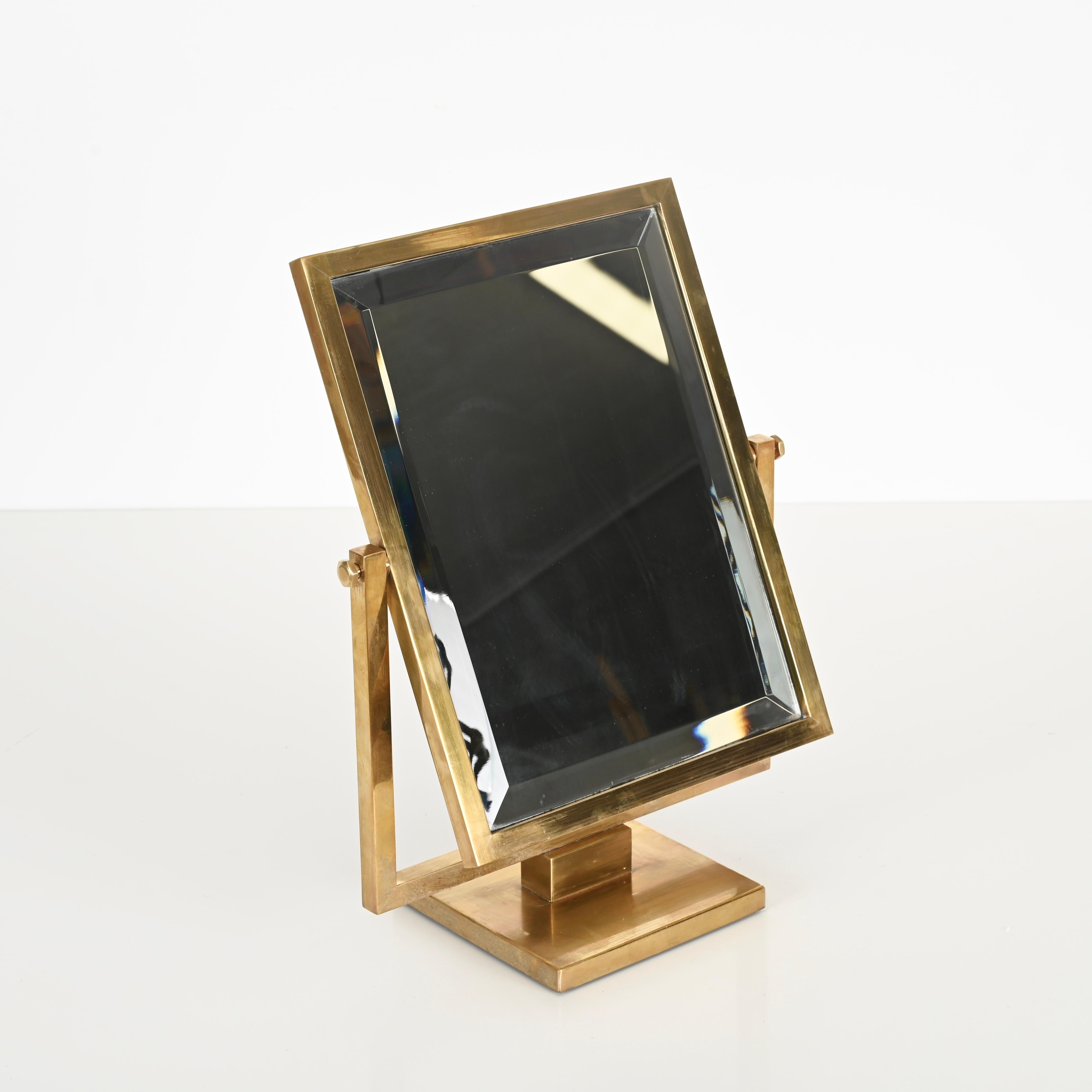 Brass Bevelled Adjustable Table Mirror, Fontana Arte Style, Italy 1950s 7