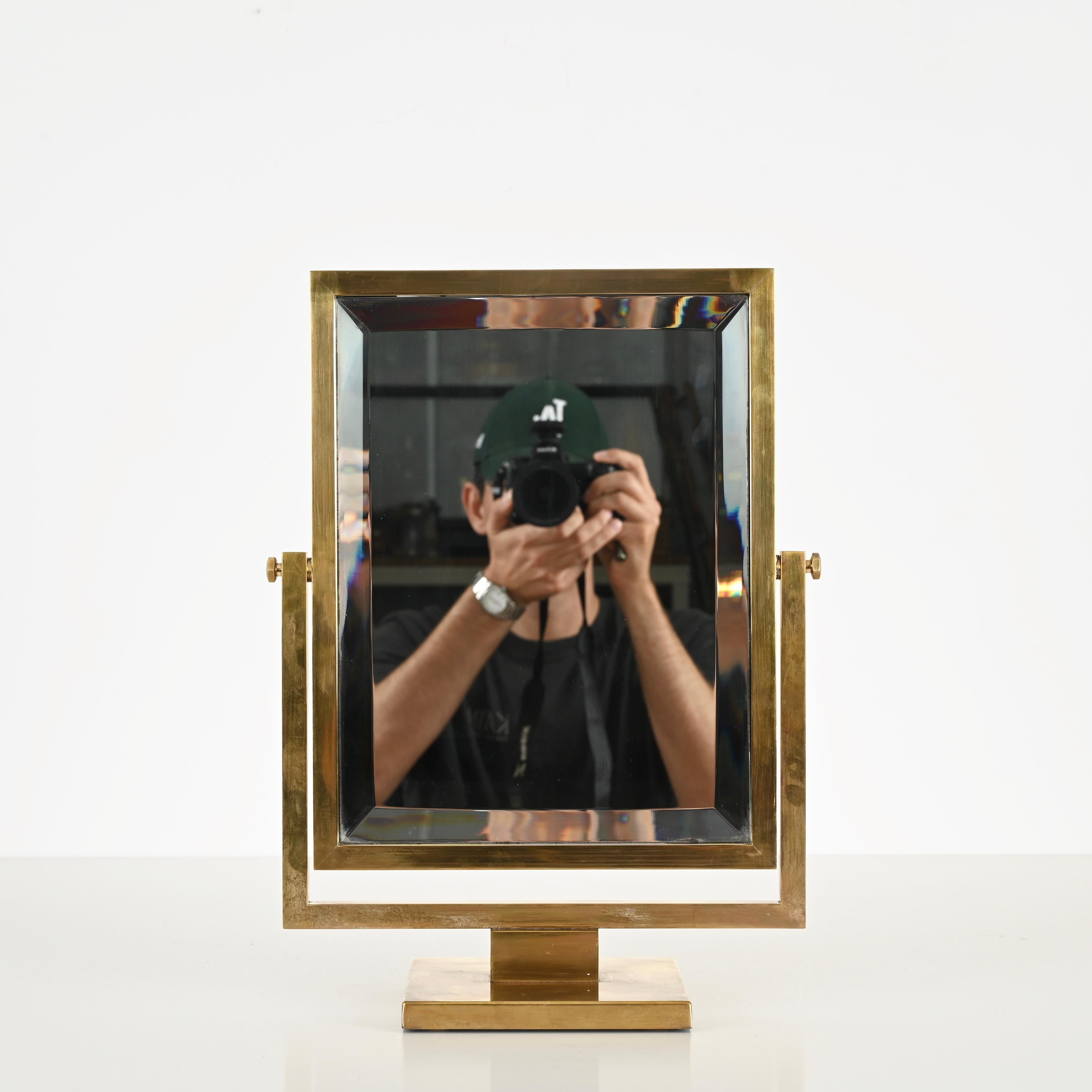 Brass Bevelled Adjustable Table Mirror, Fontana Arte Style, Italy 1950s 9