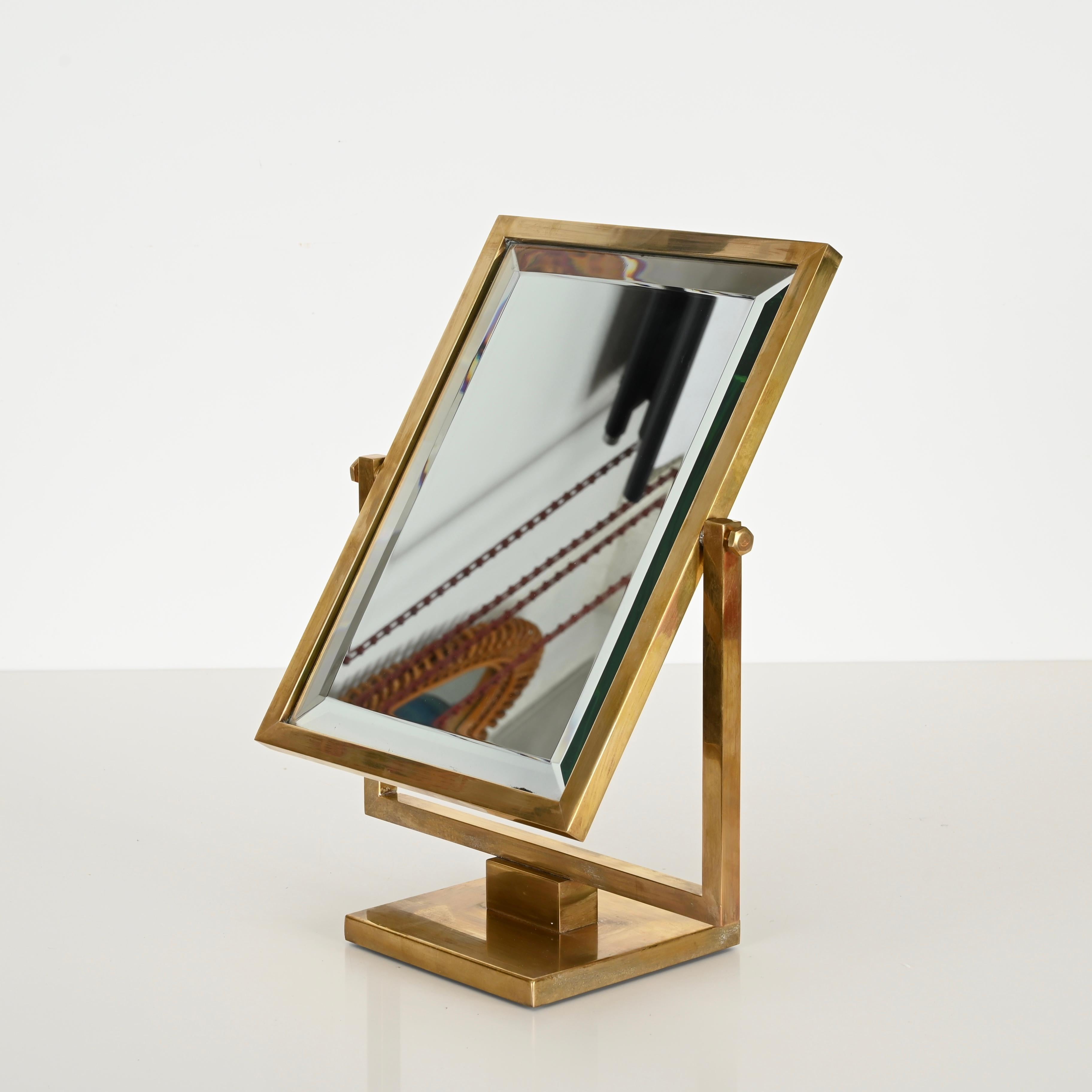 Brass Bevelled Adjustable Table Mirror, Fontana Arte Style, Italy 1950s 11