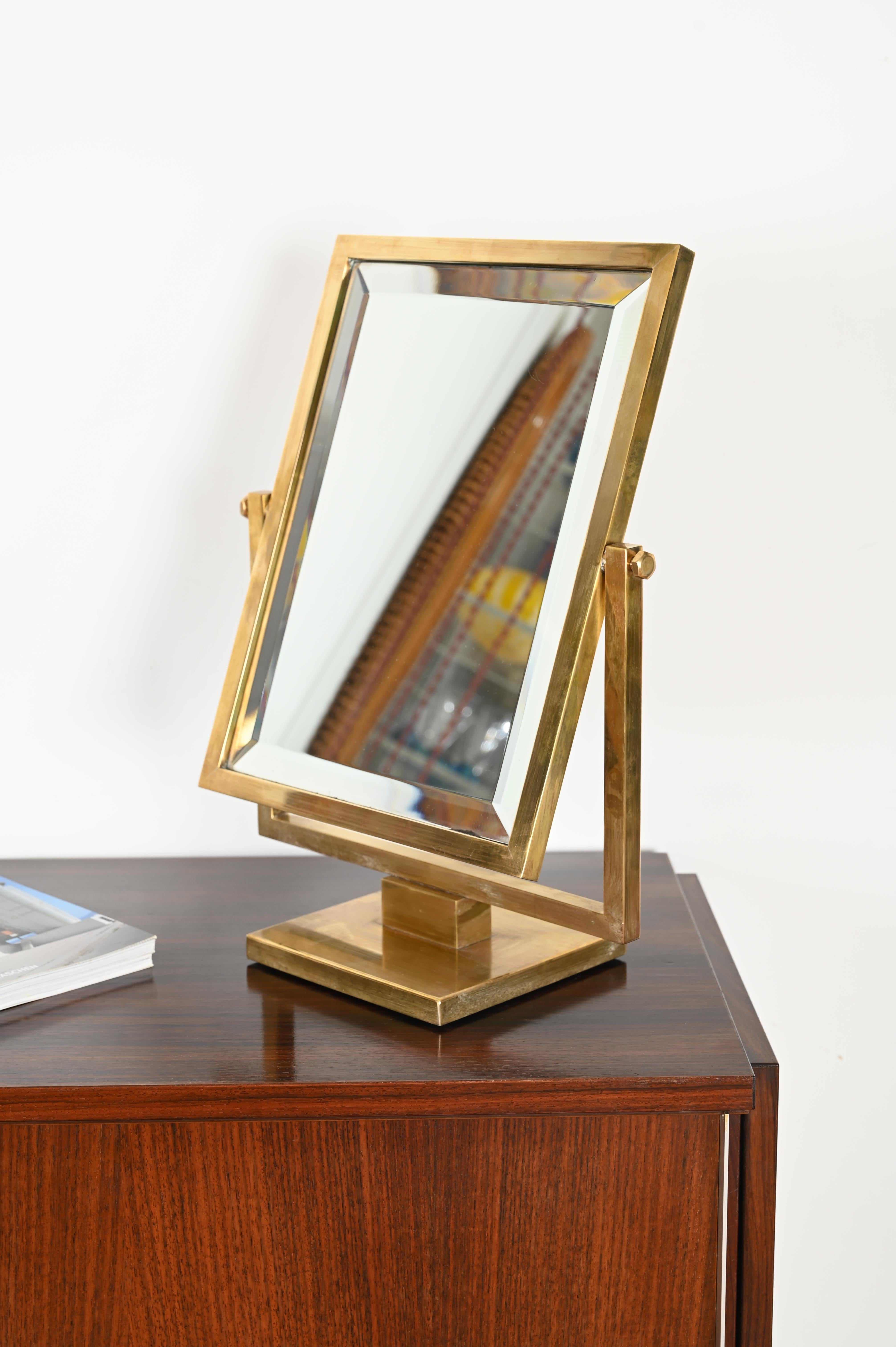 Italian Brass Bevelled Adjustable Table Mirror, Fontana Arte Style, Italy 1950s