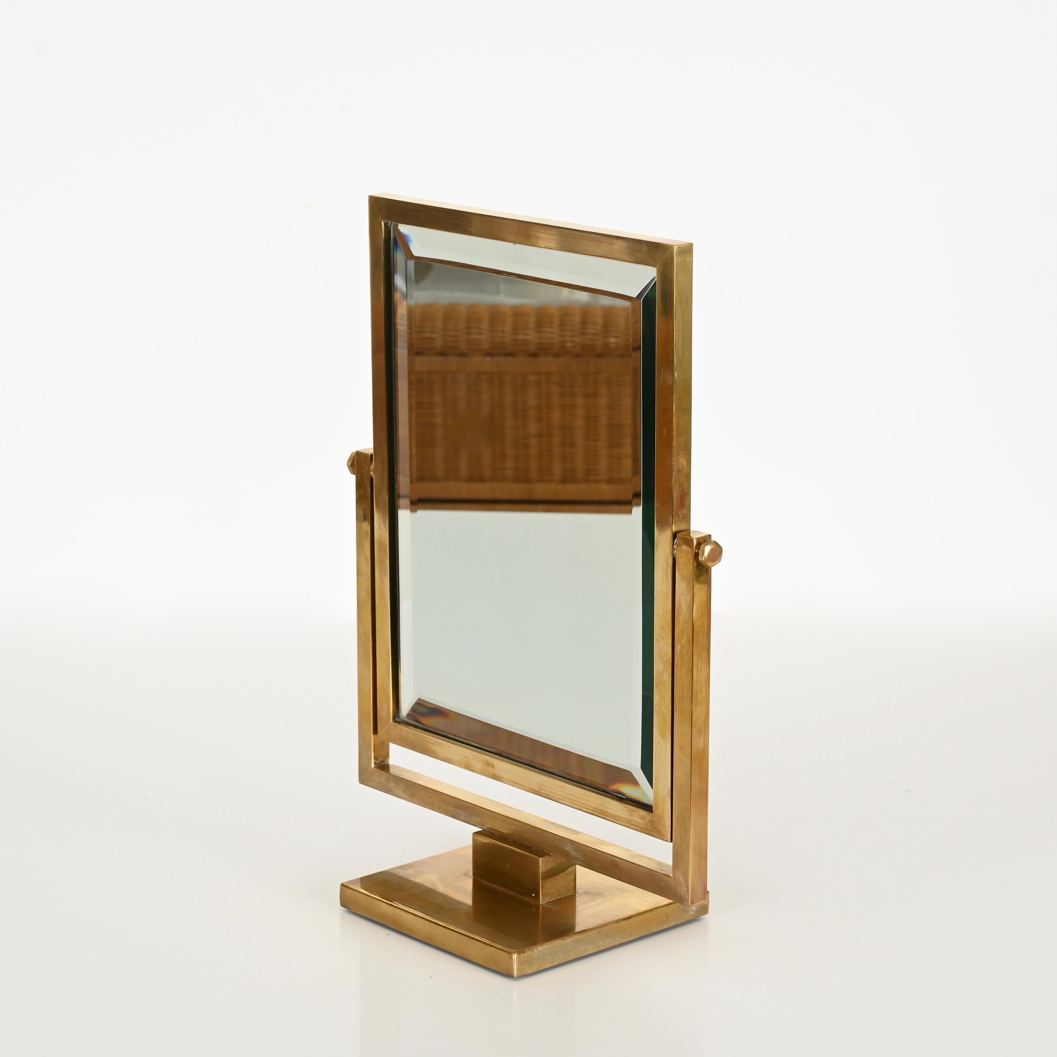 Beveled Brass Bevelled Adjustable Table Mirror, Fontana Arte Style, Italy 1950s