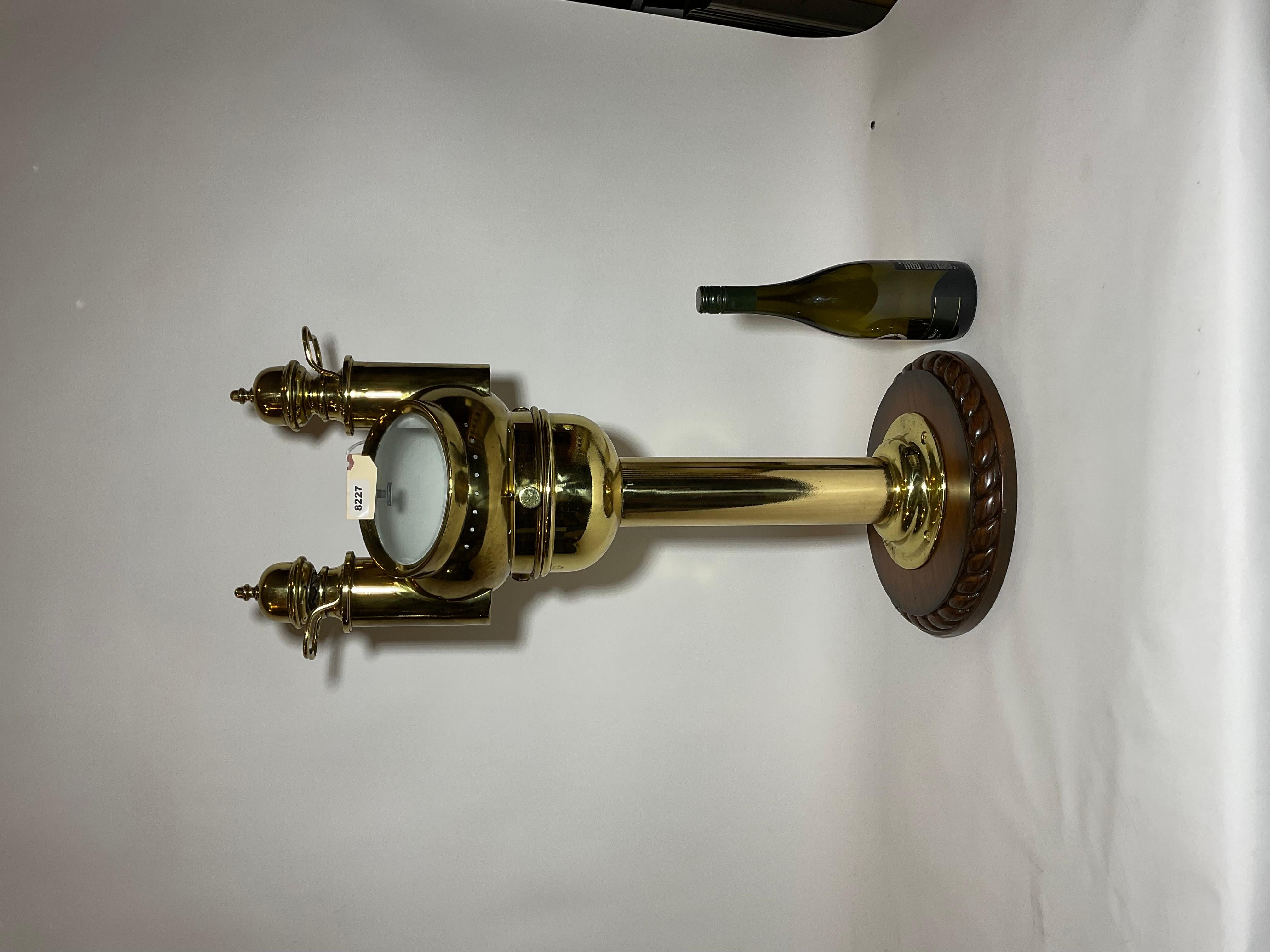 Rare yacht binnacle from Negus of New York. The mushroom top is fitted with two removable oil burners and has an oval glass viewing port. The binnacle pedestal holds a gimballed brass compass with engraved bezel from E.S Ritchie Boston and 1886,