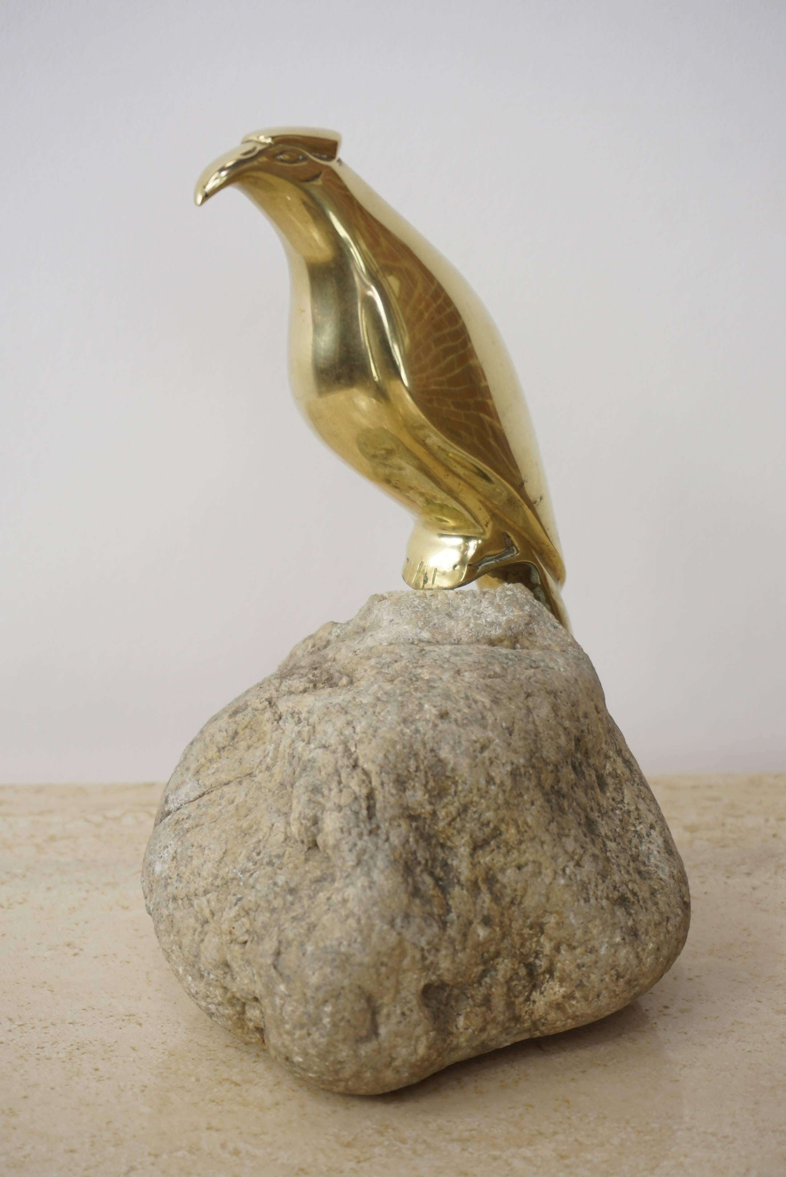 Mid-Century Modern Brass Bird on Stone Sculpture For Sale