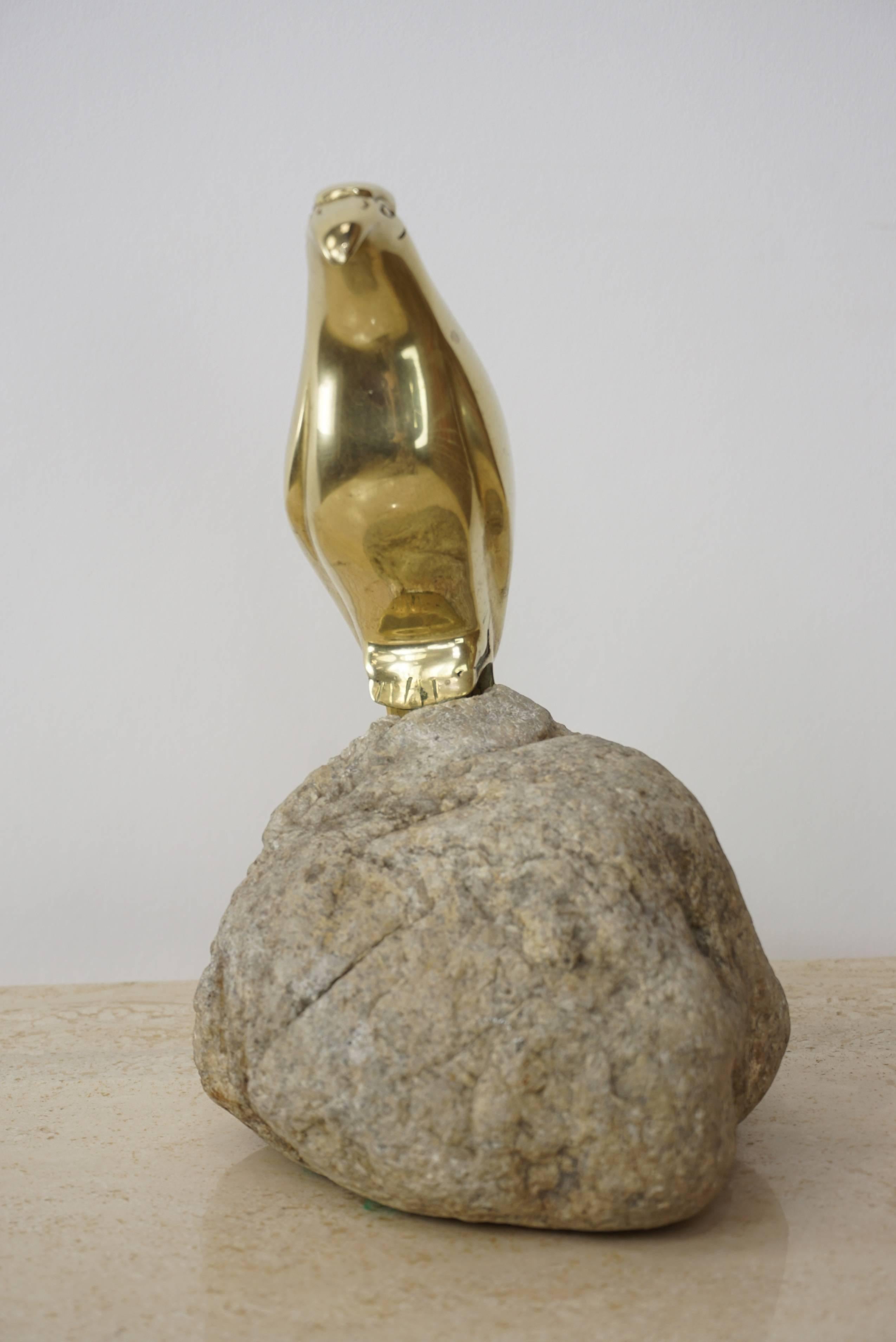 Brass Bird on Stone Sculpture In Excellent Condition For Sale In Tourcoing, FR