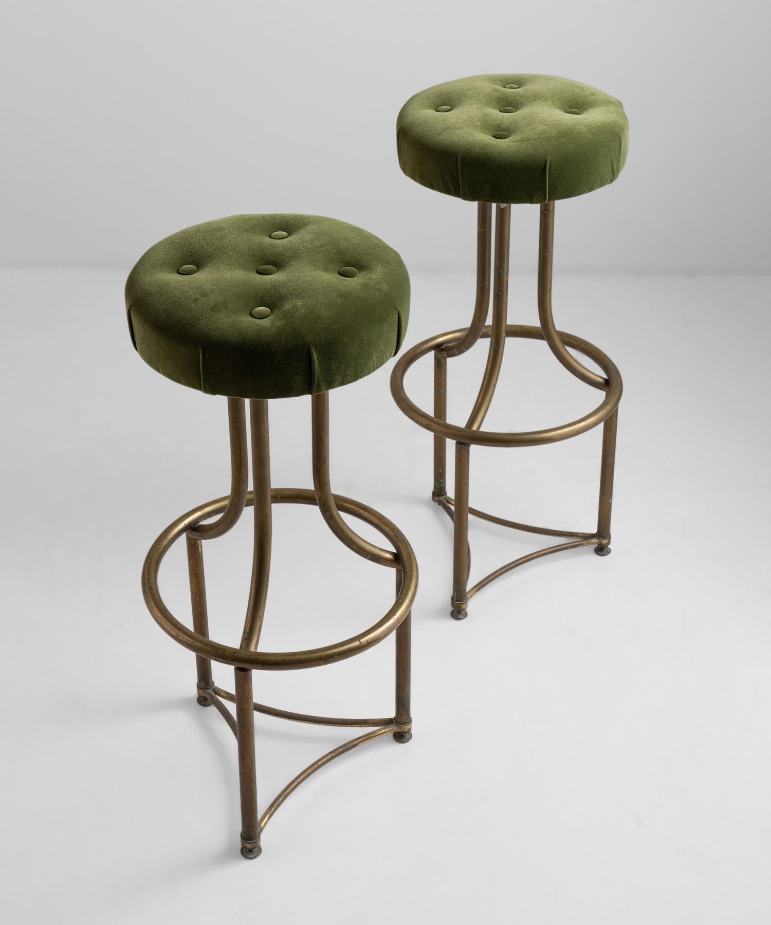 Three leg brass base with newly upholstered cushion in mohair velvet from Maharam.

Measures: 4.5” diameter x 30.75” height.

 