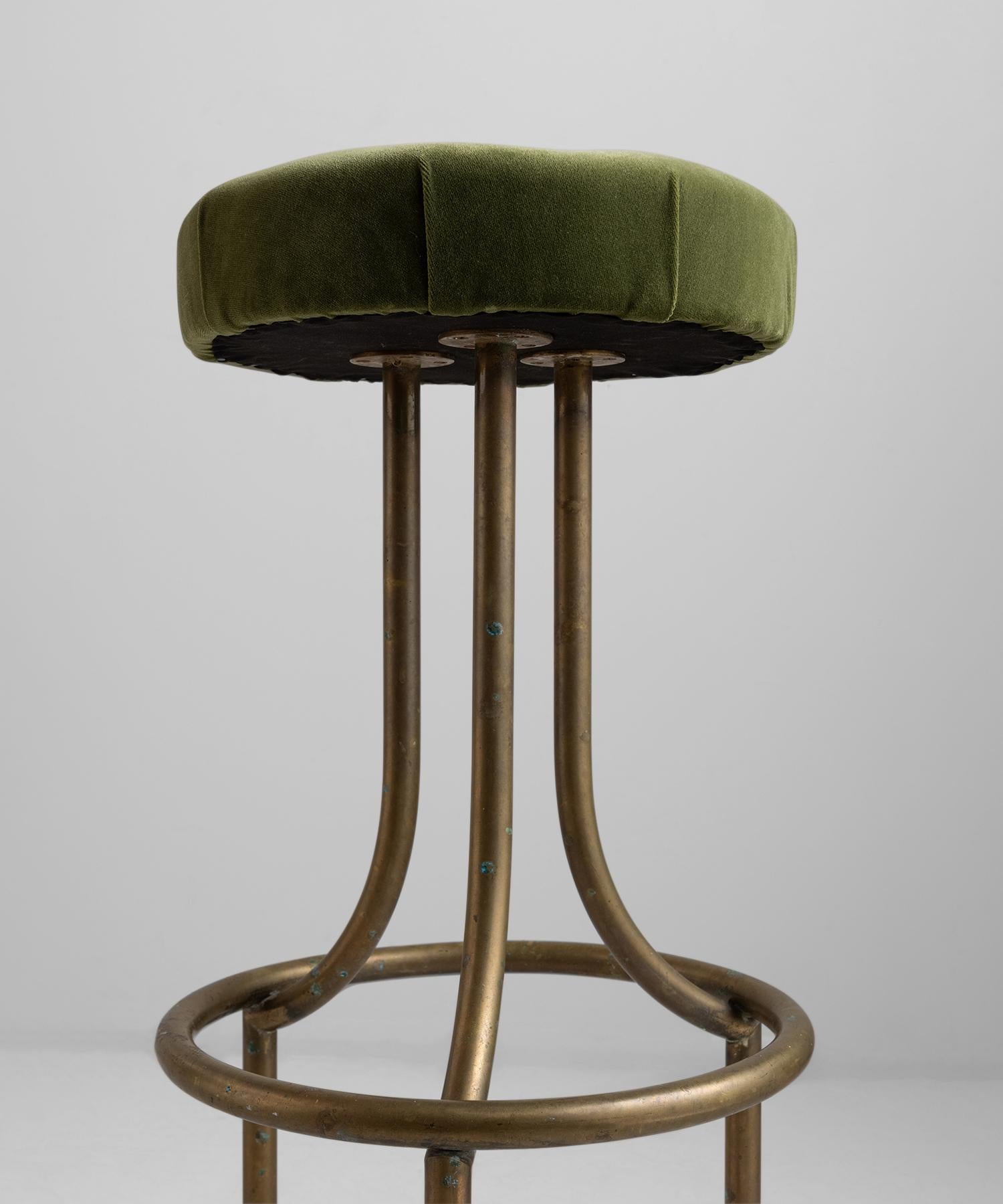 Brass Bistro Stools in 100% Mohair Velvet In Good Condition In Culver City, CA