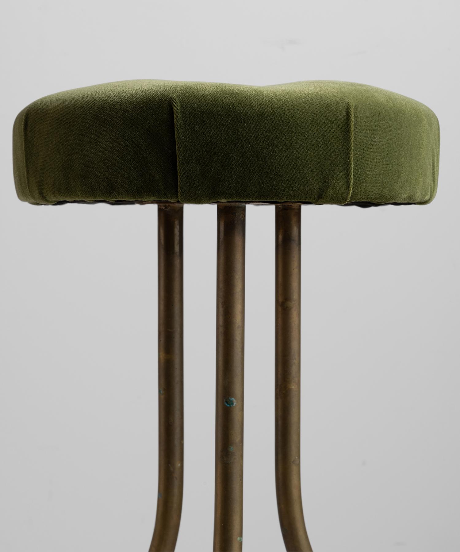 20th Century Brass Bistro Stools in 100% Mohair Velvet