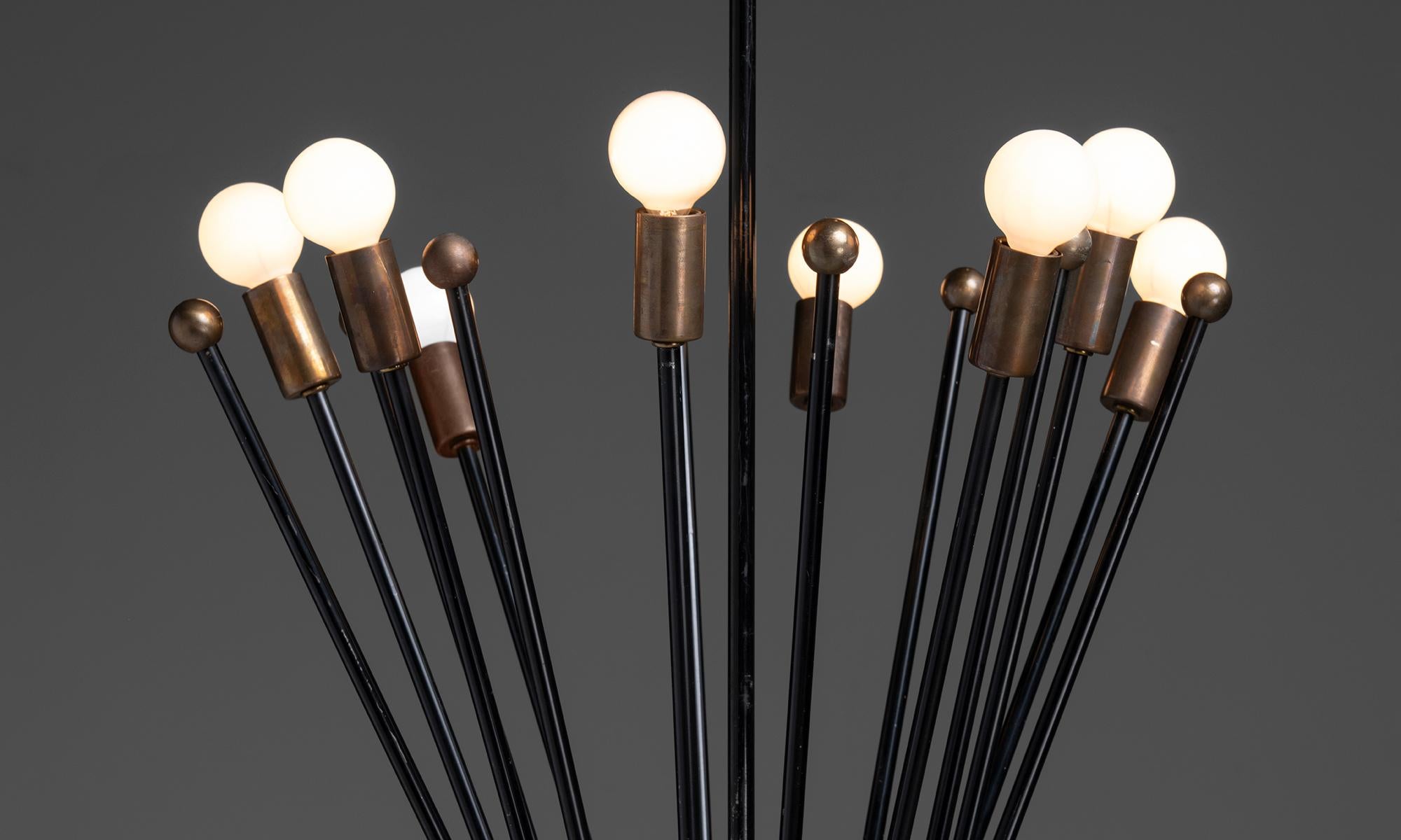 Italian Brass / Black Chandelier, Italy circa 1950 For Sale