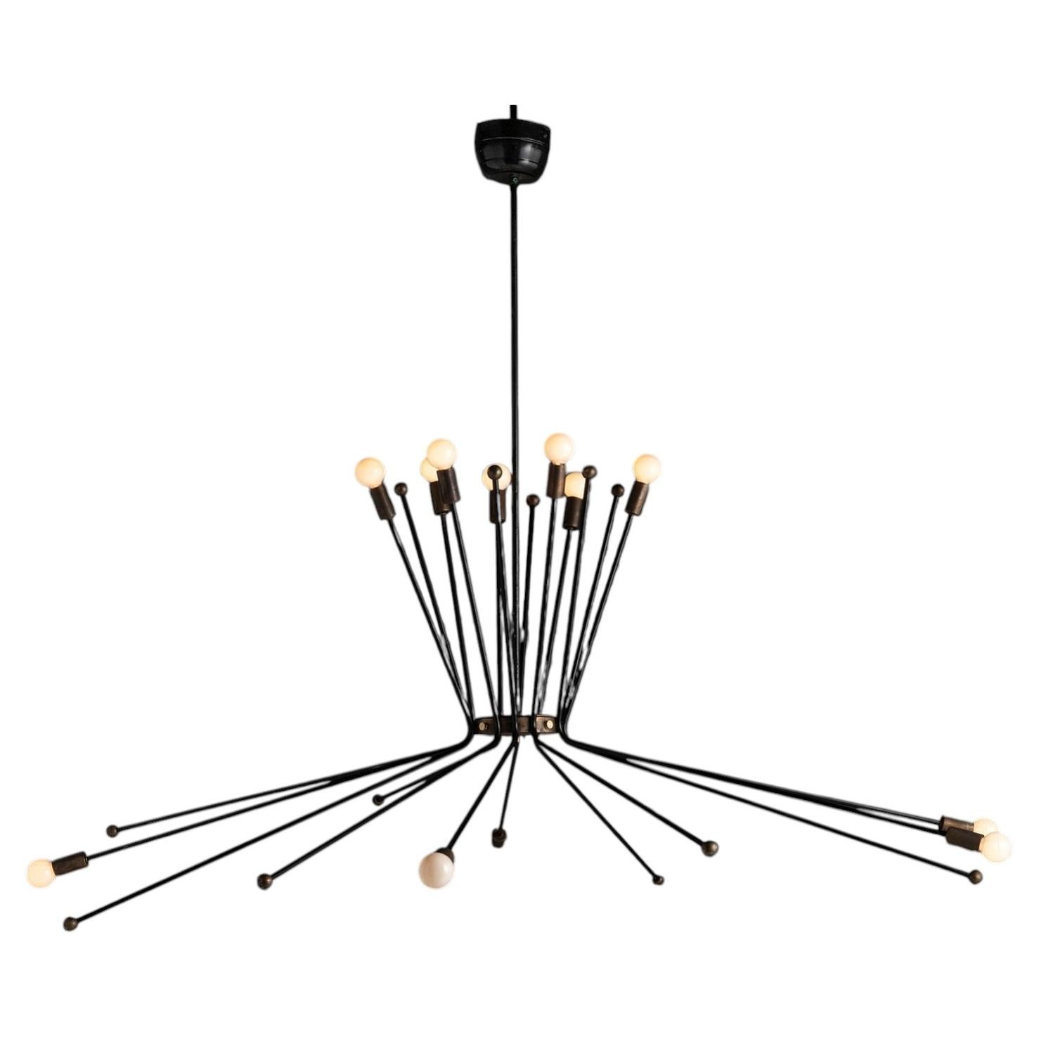 Brass / Black Chandelier, Italy circa 1950 For Sale