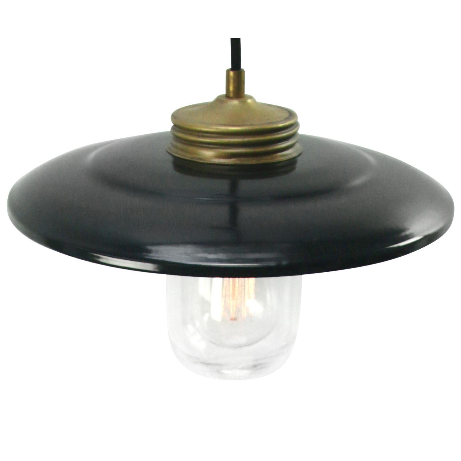 Black enamel Industrial hanging lamp.
Clear glass with brass top.

Weight: 1.30 kg / 2.9 lb

Priced per individual item. All lamps have been made suitable by international standards for incandescent light bulbs, energy-efficient and LED bulbs.