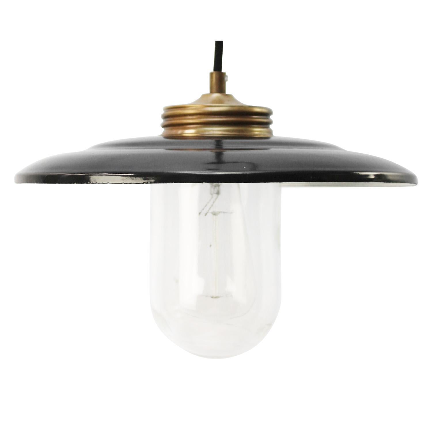 Brass Black Enamel Vintage Clear Glass Pendant Lights In Good Condition For Sale In Amsterdam, NL