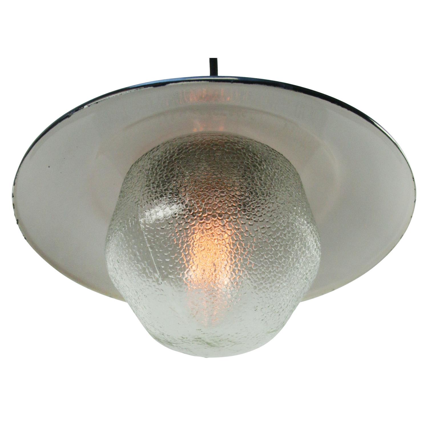 Industrial Brass Black Enamel Vintage Frosted Glass Pendant Lights For Sale