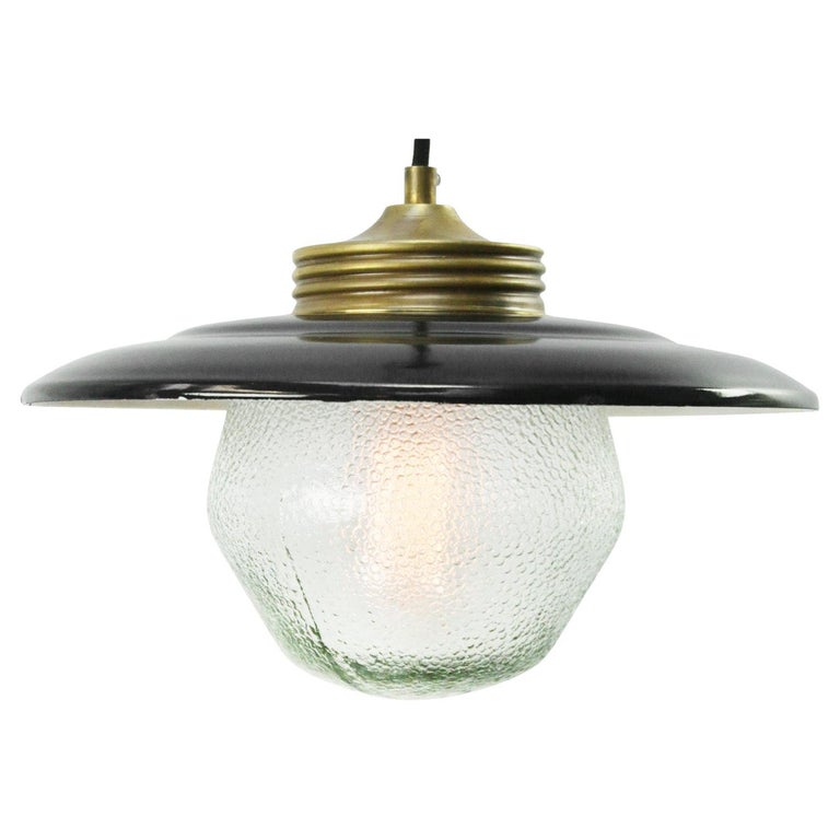 Brass Black Enamel Vintage Frosted Glass Pendant Lights For Sale at 1stDibs