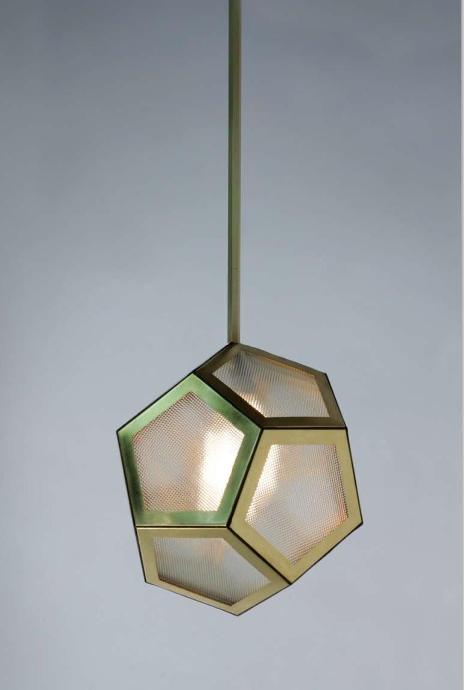 Vienna Secession Brass Black Leather and Industrial Glass Hanging Pentagon Lantern For Sale