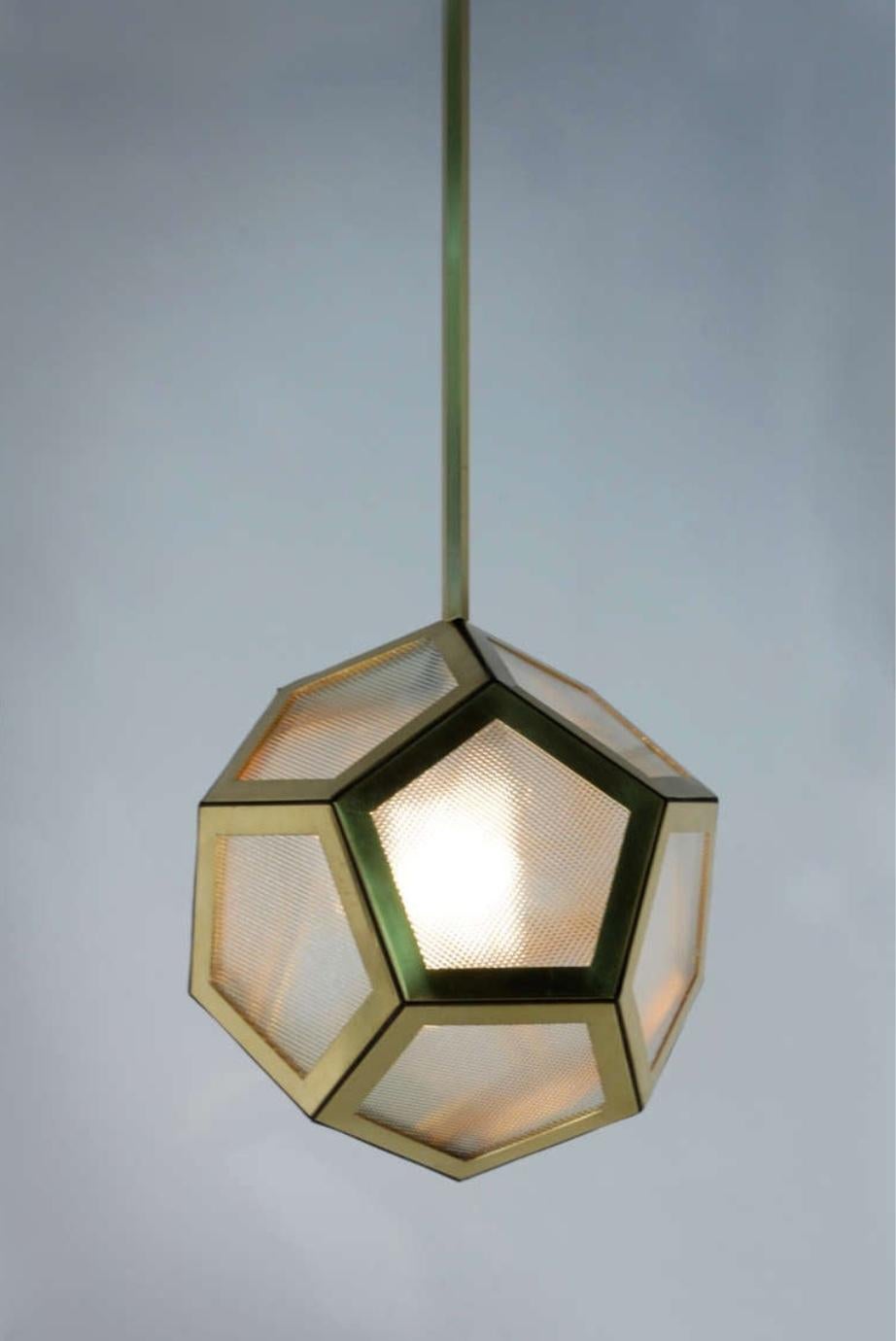 20th Century Brass Black Leather and Industrial Glass Hanging Pentagon Lantern For Sale