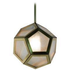 Brass Black Leather and Industrial Glass Hanging Pentagon Lantern