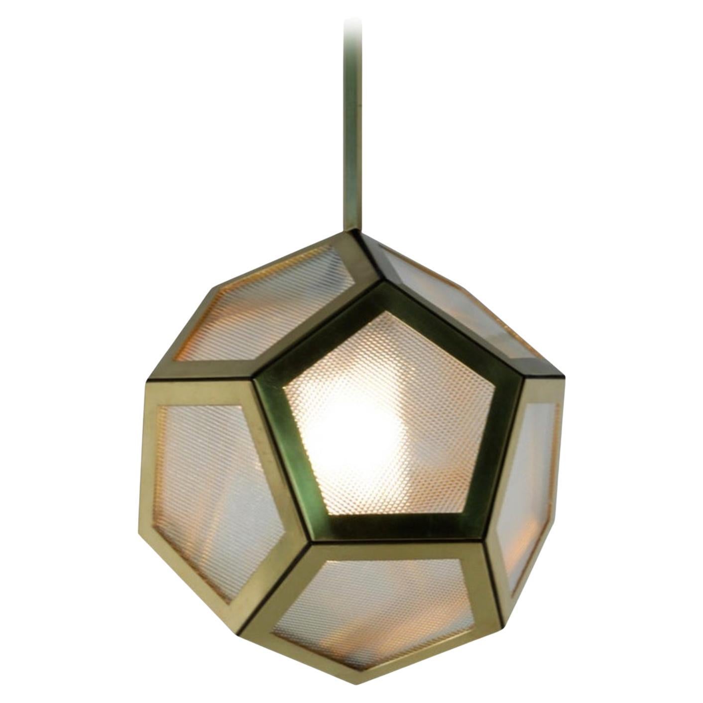 Brass Black Leather and Industrial Glass Hanging Pentagon Lantern