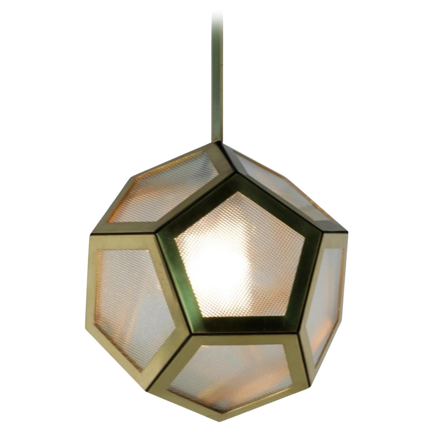 Brass Black Leather and Industrial Glass Hanging Pentagon Lantern For Sale