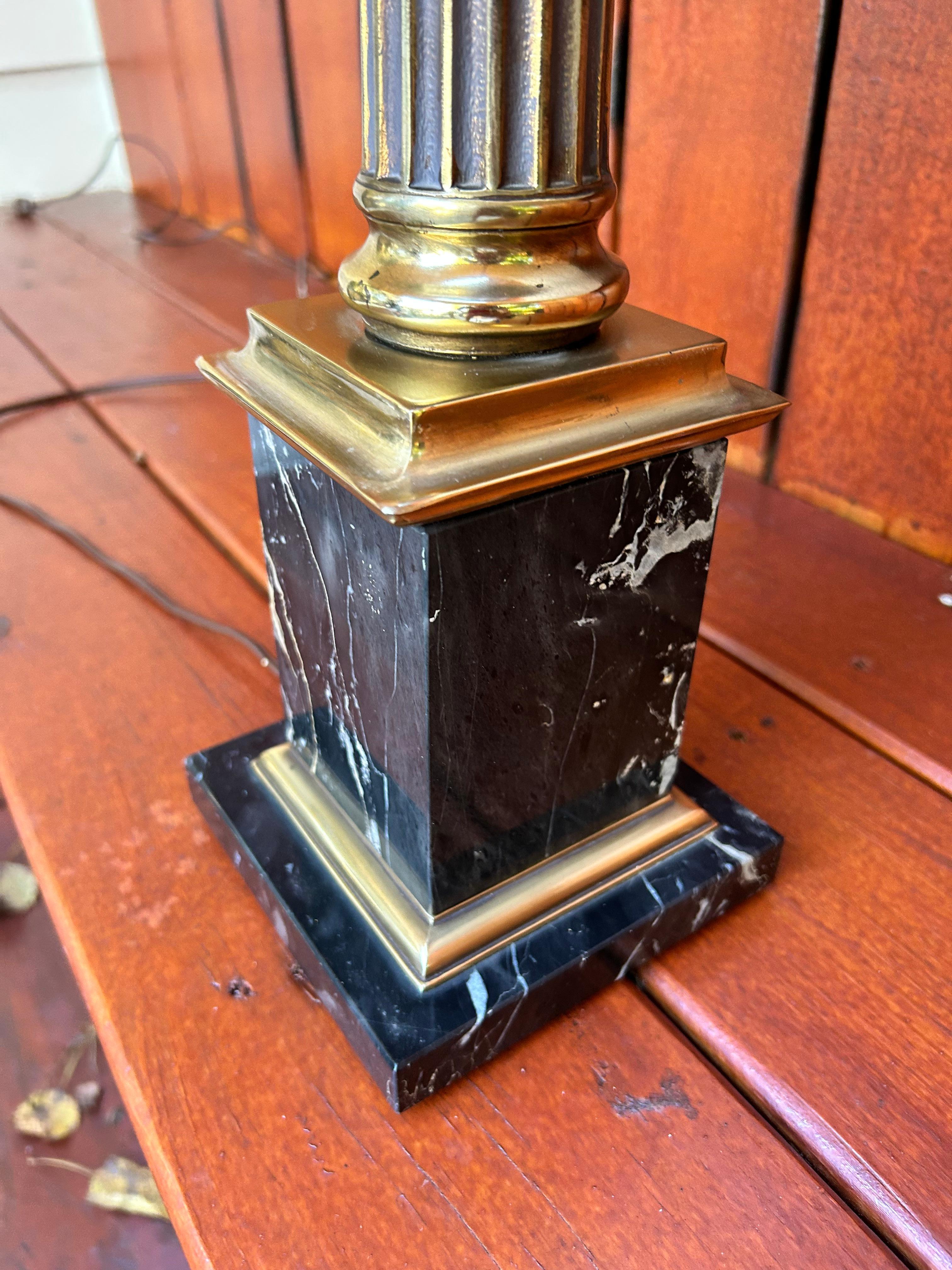 Brass & Black Marble Ionic Column Table Lamp w/ Silk Lampshade For Sale 4