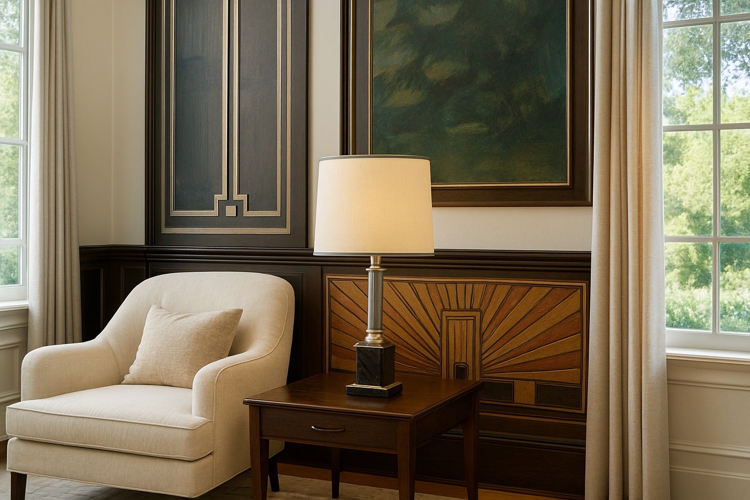 Sophisticated Black Marble and Brass Ionic Column Table Lamp with an oversized Silk Lampshade that is included with the lamp.  This table lamp exudes timeless sophistication, with its combination of luxe materials and its refined neoclassical