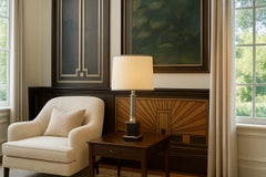 Brass & Black Marble Ionic Column Table Lamp w/ Silk Lampshade