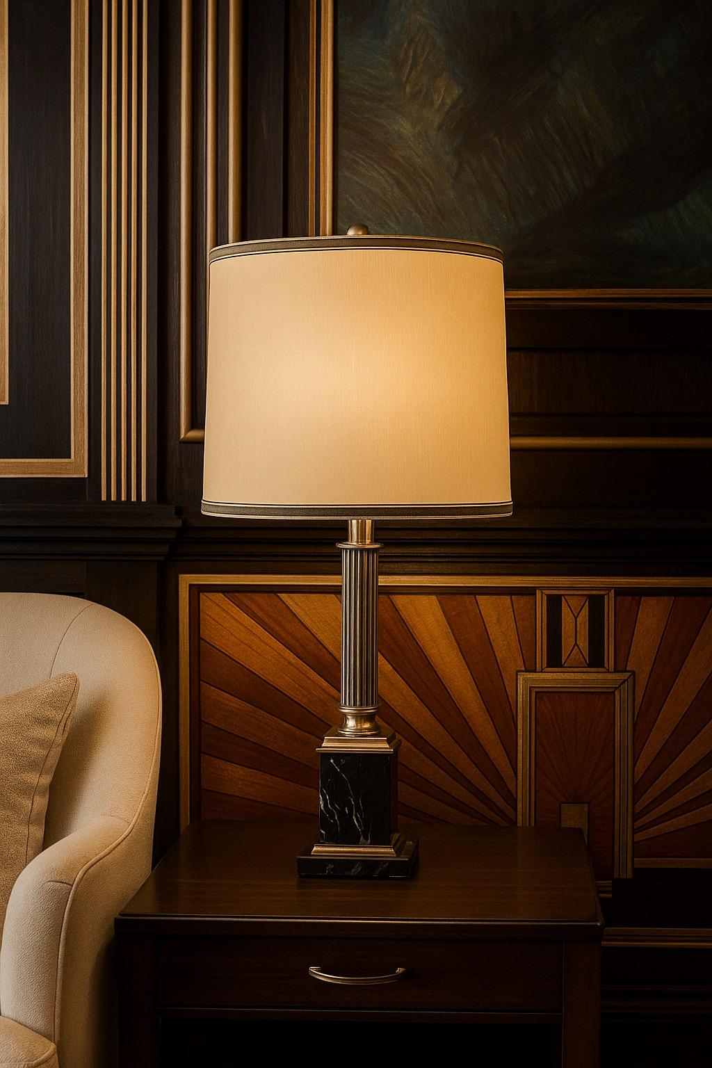 Neoclassical Brass & Black Marble Ionic Column Table Lamp w/ Silk Lampshade For Sale
