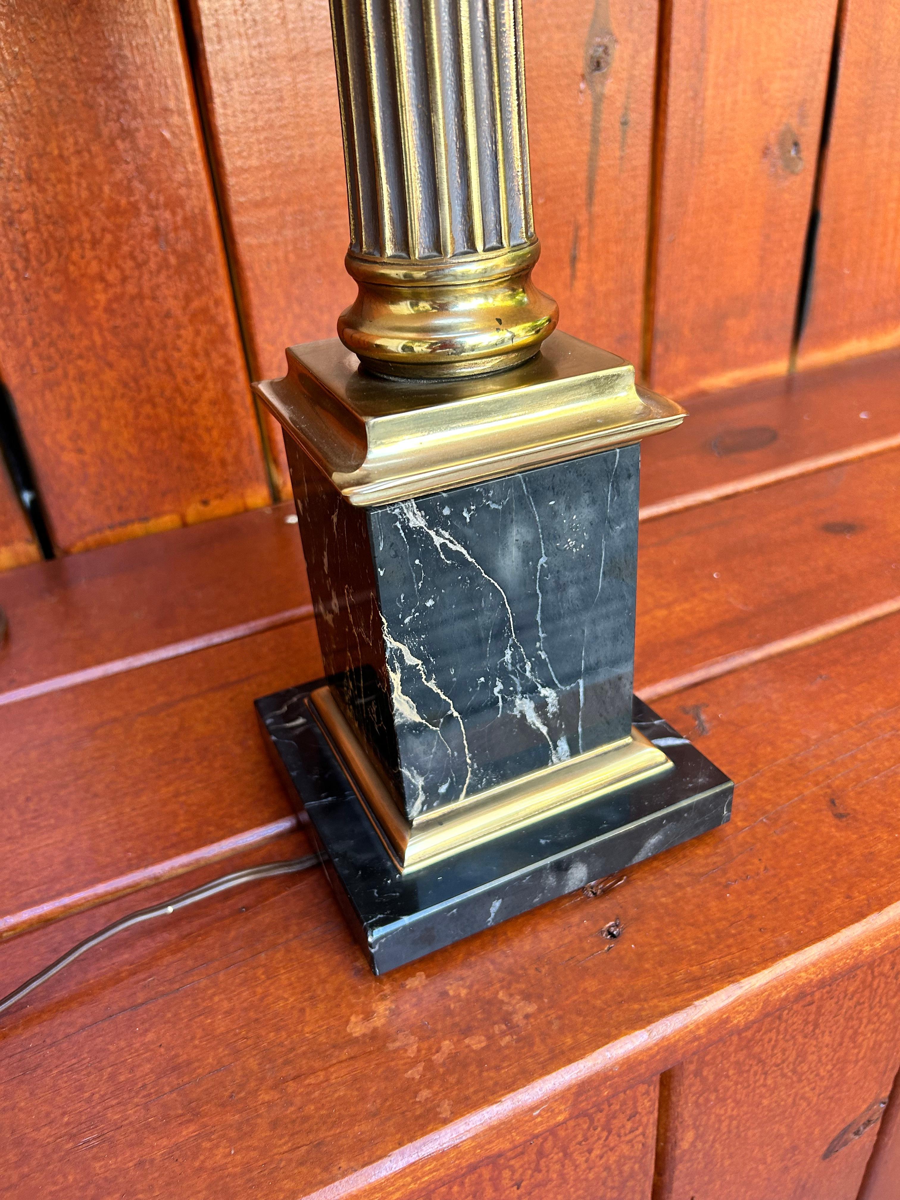 Unknown Brass & Black Marble Ionic Column Table Lamp w/ Silk Lampshade For Sale