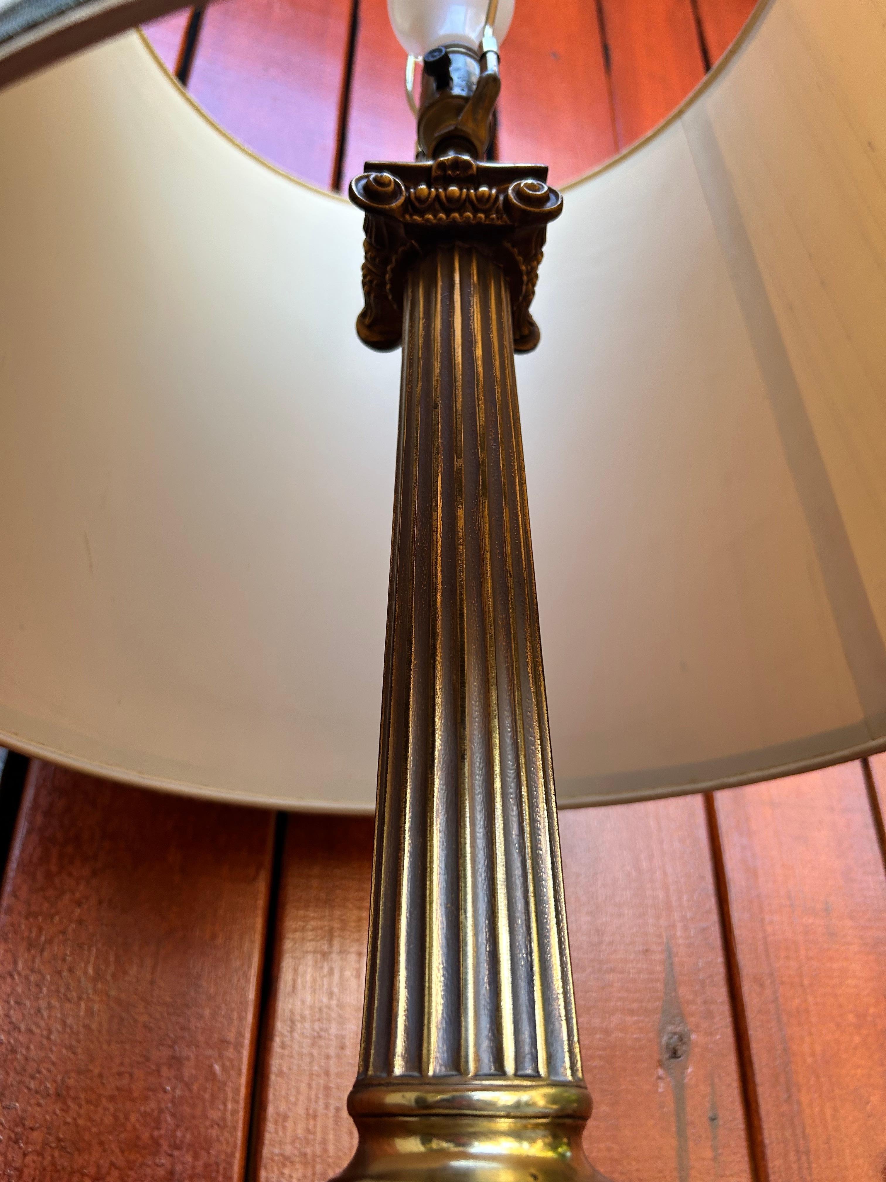 20th Century Brass & Black Marble Ionic Column Table Lamp w/ Silk Lampshade For Sale