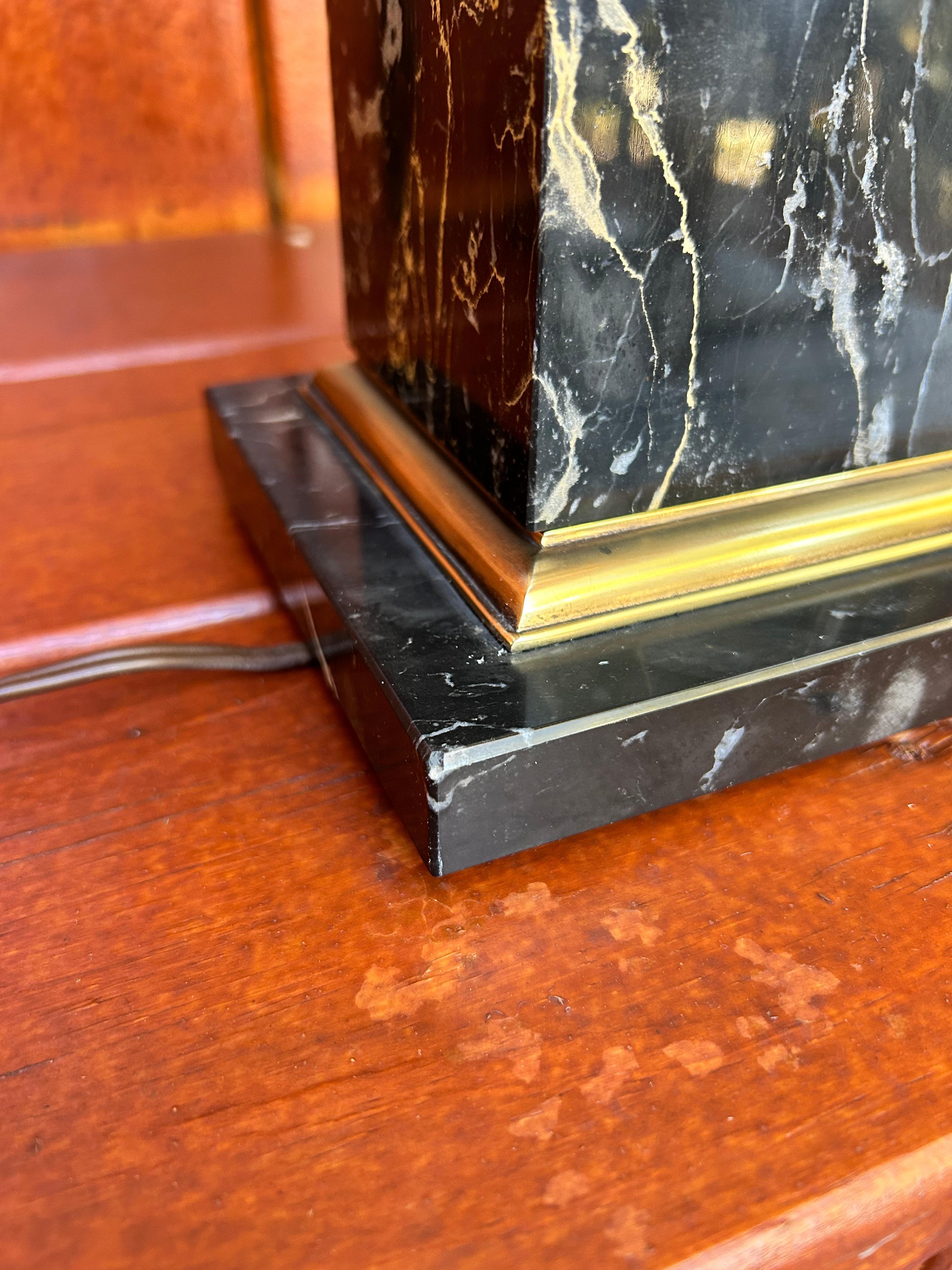 Brass & Black Marble Ionic Column Table Lamp w/ Silk Lampshade For Sale 1