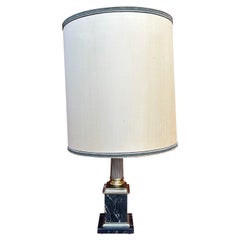 Brass & Black Marble Ionic Column Table Lamp w/ Silk Lampshade